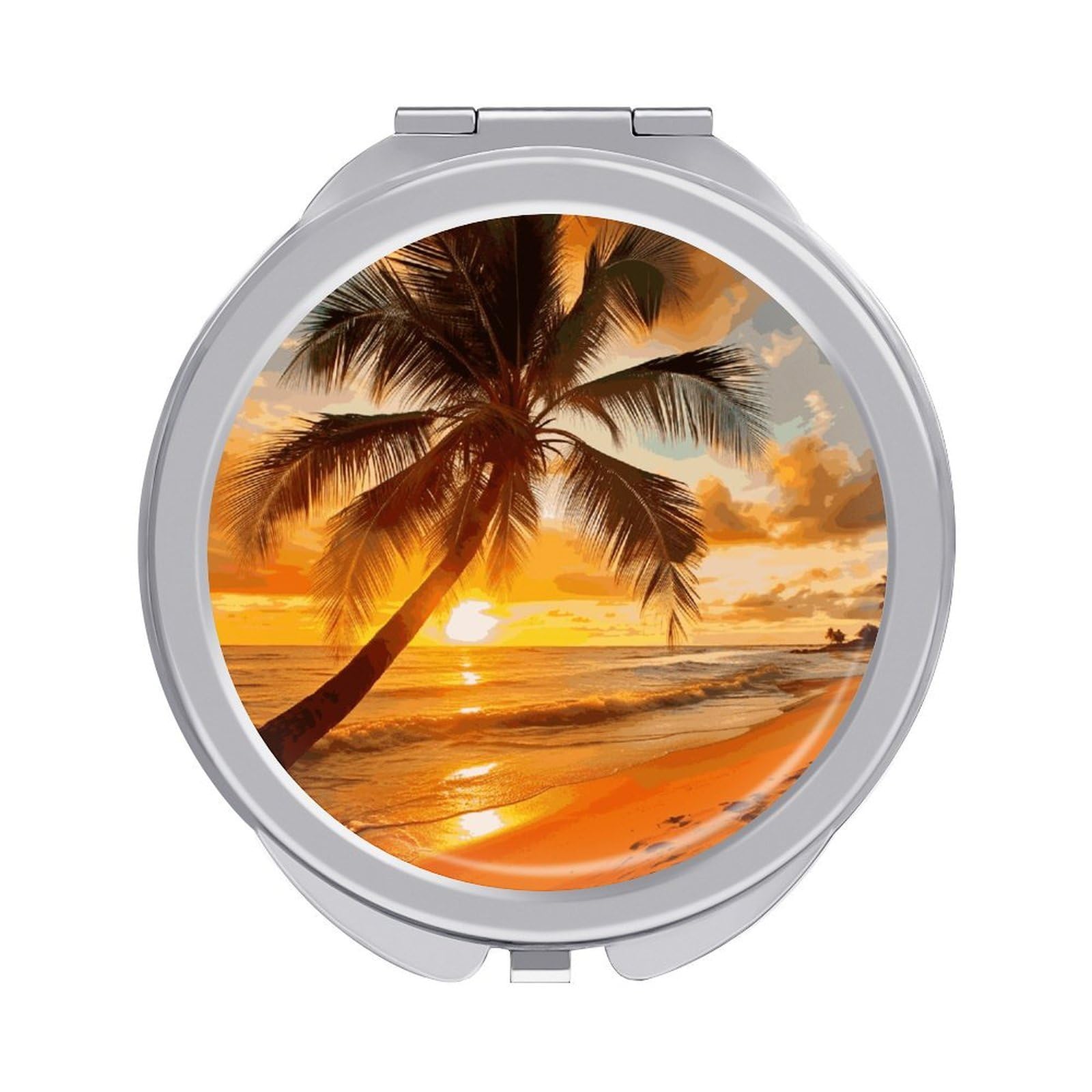 VstaDank Tropical Beach Palm Tree Sunset Compact Mirror for Purses Round Fashion Travel Makeup Mirror 2X /1x Magnifying Double Sides Mini Mirrors Portable Pocket Mirrors for Handbag Purse Women Gift