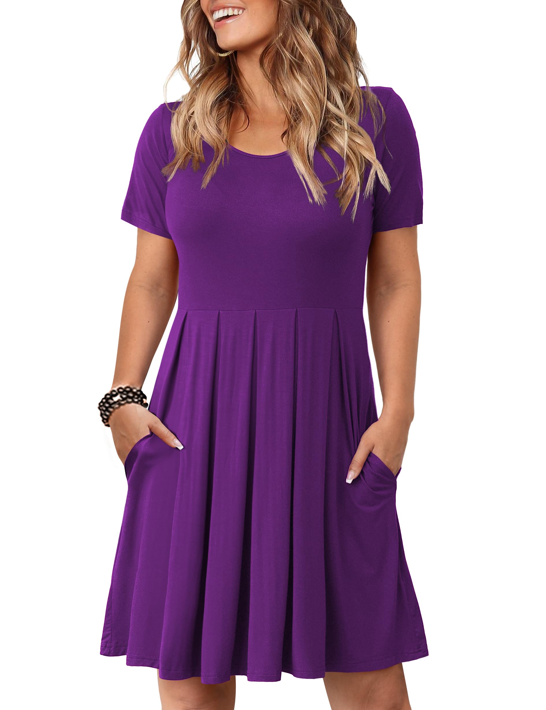 Tralilbee Women's Plus Size Short Sleeve Dress Casual Pleated Swing Dresses with Pockets