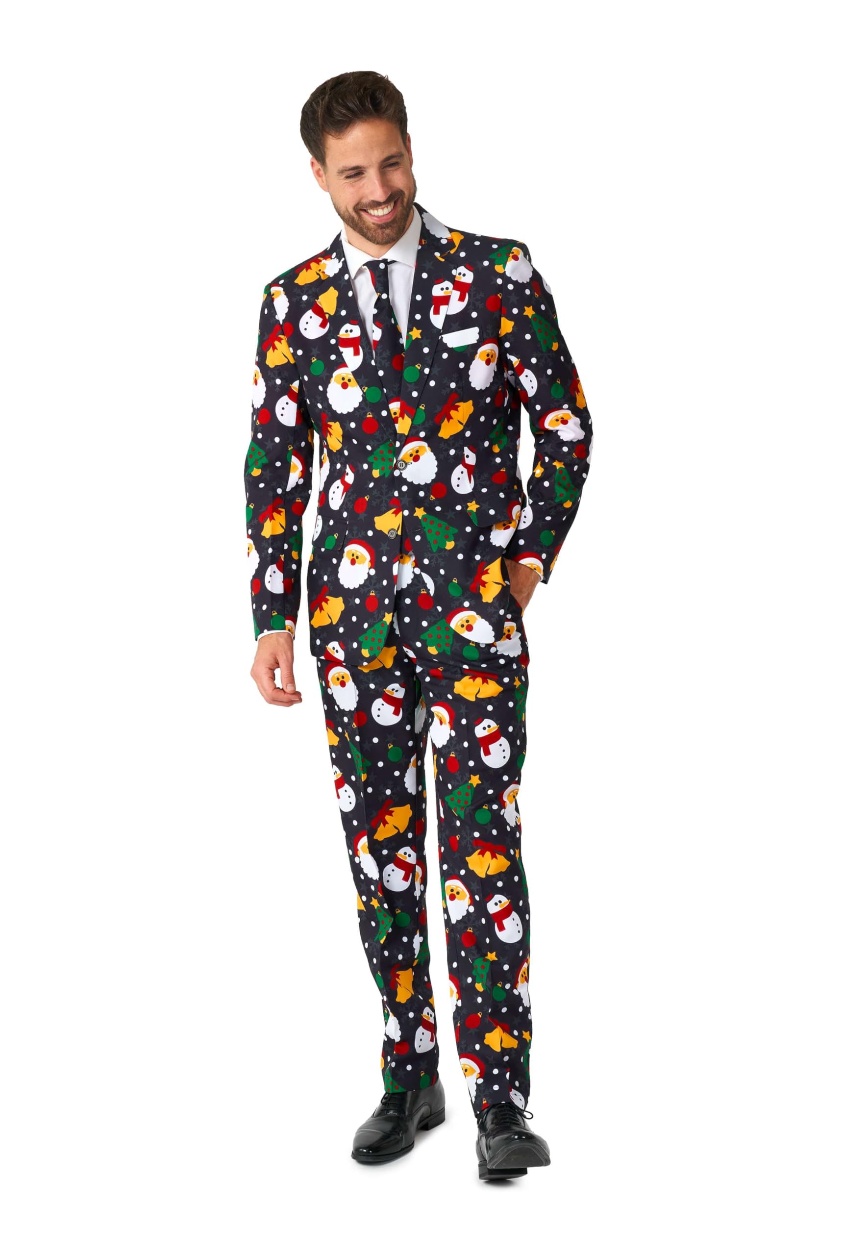 Men's Christmas Party Suit – Slim Fit 2-Piece Blazer & Pants Set With Santa & Reindeer Print Men's Christmas Suit