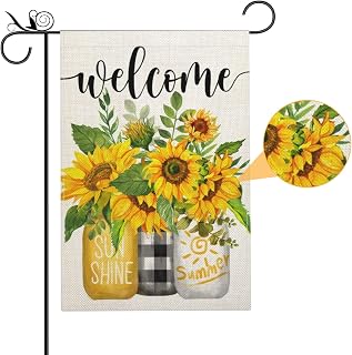 Summer Garden Flags Sunflower Welcome Floral Garden Flag 12x18 Inch Double Sided, Burlap Small Vertical Summer Sunflower Flower Garden Yard Flags for Outdoor House Decoration