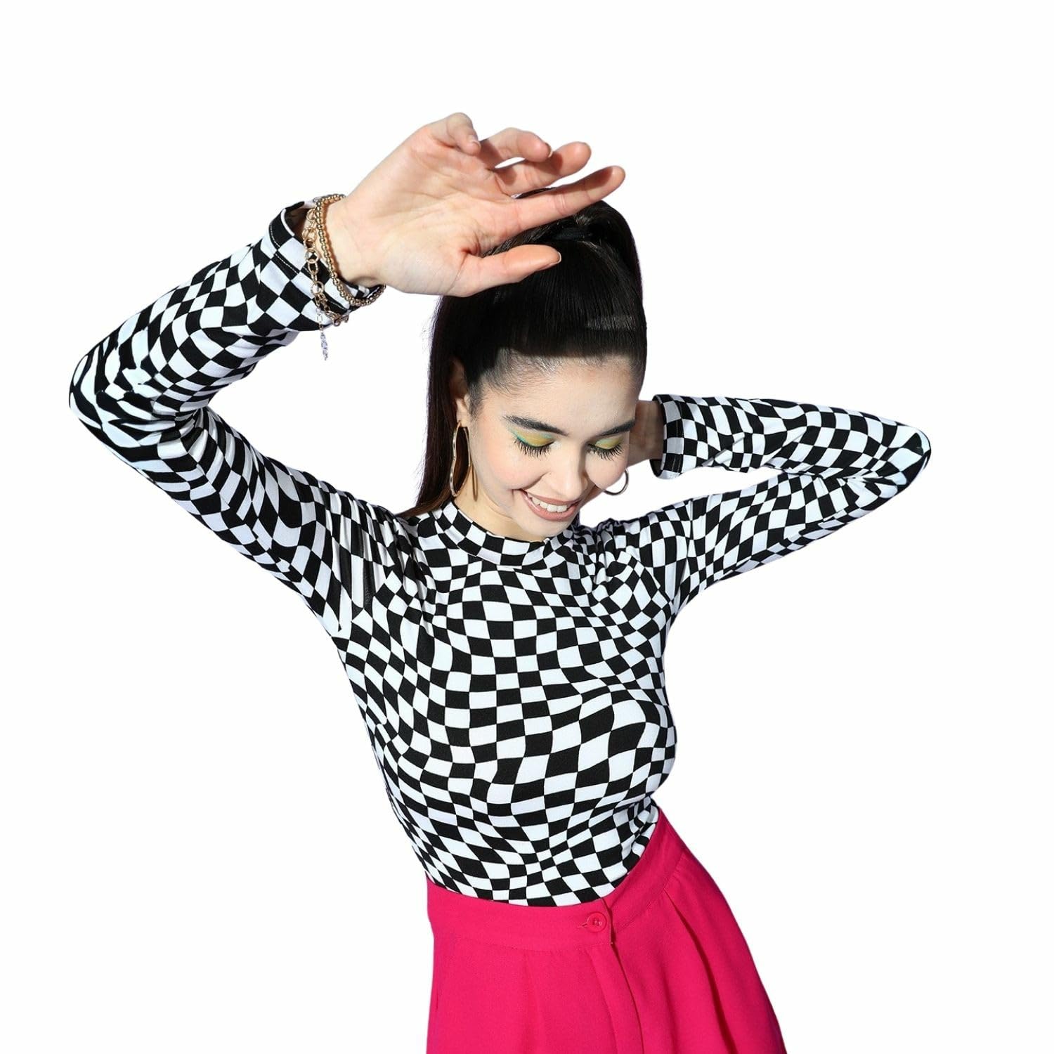 Berrylush Women Checked Pattern High Neck Slim-Fit Knitted Regular T-Shirt in neutral