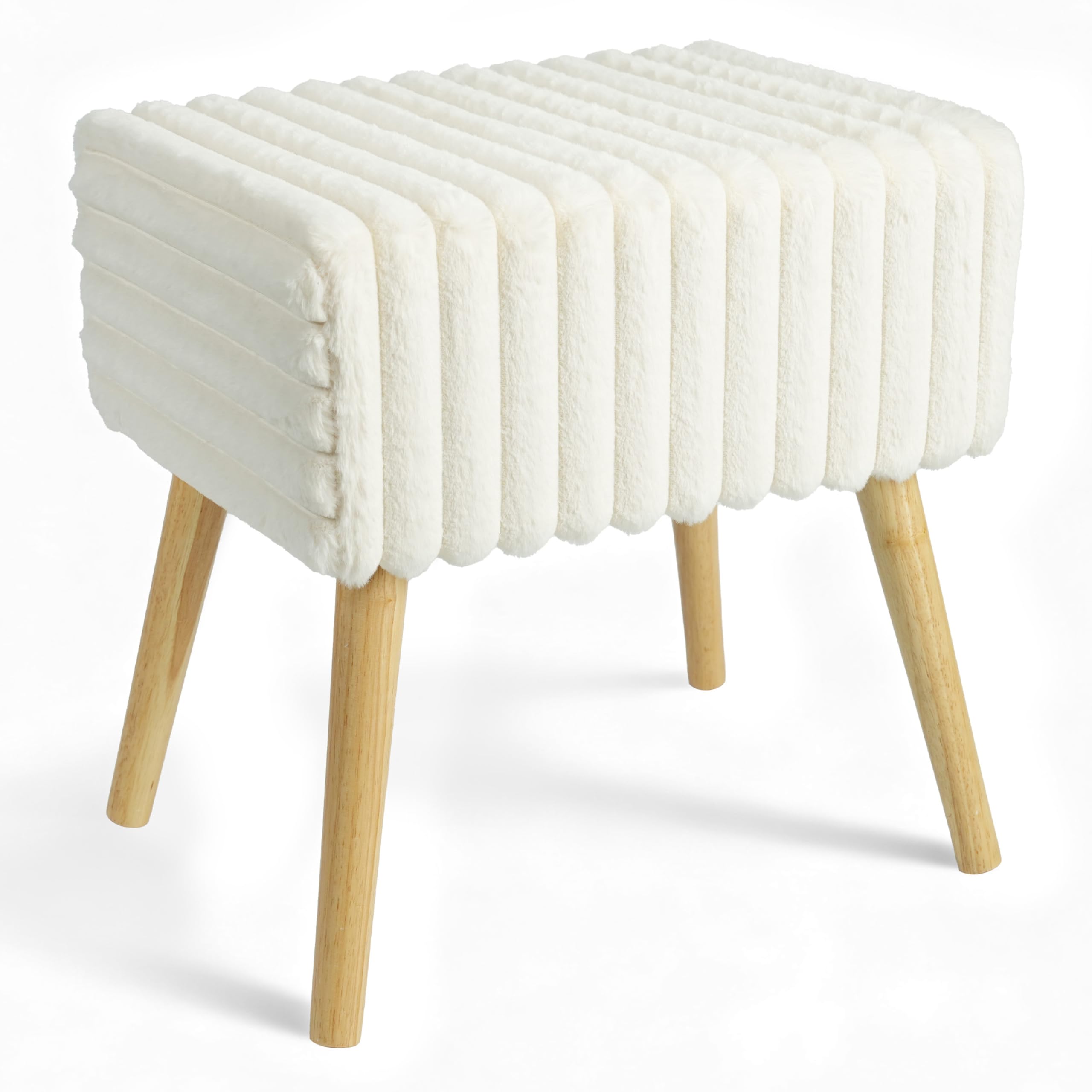 Zedelmaier Sitzhocker Hocker schminktisch Fußhocker Schminkhocker Polsterhocker gepolstert Vanity Stool Ottoman mit stabilen Holzbeinen für Wohnzimmer SchlafzimmerFlur BeigeKunstfell 42x31x44cm