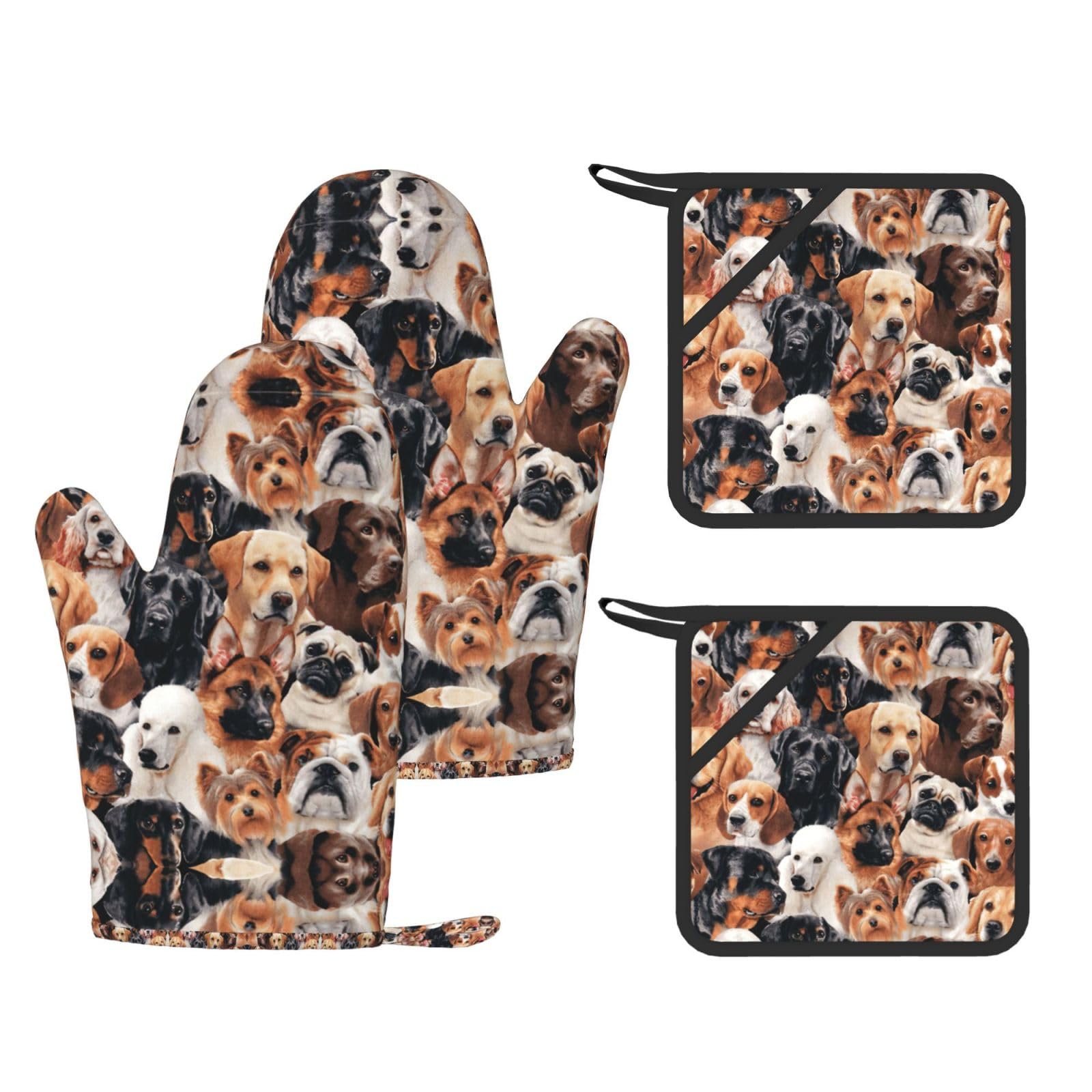 Many dogs Printed Oven Gloves and Hot Pads Set of 4, High Heat Resistant Silicone Mitts for Cooking BBQ