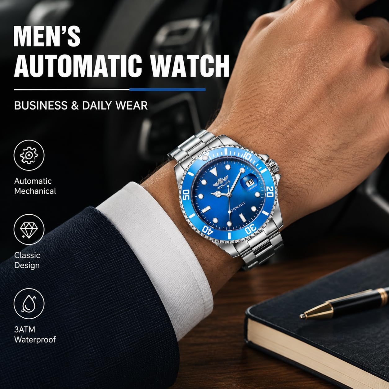 MASTOP Relojes mecánicos automáticos para hombre, de acero inoxidable, impermeable, de lujo, para hombre