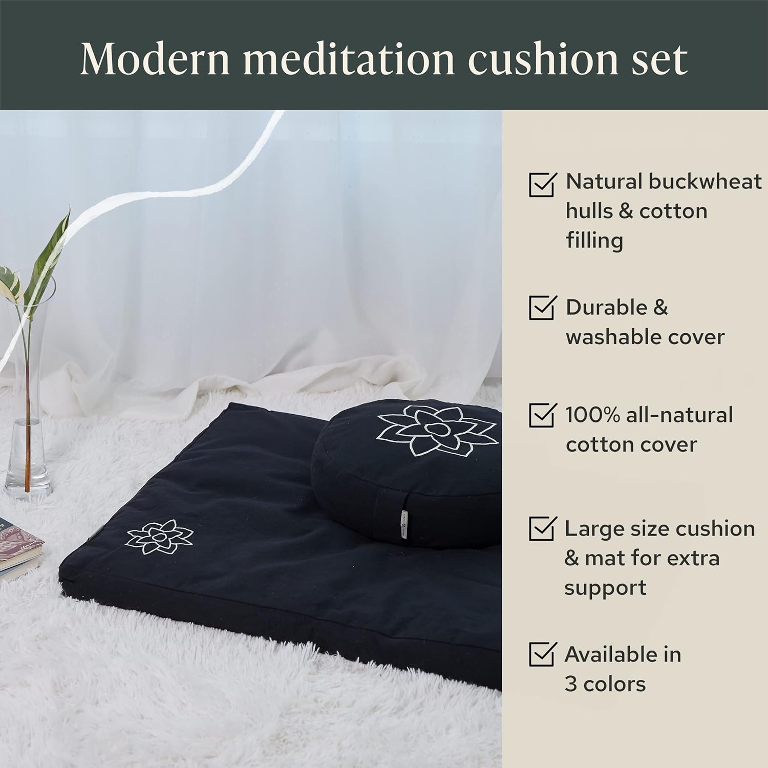 Mindful & Modern Meditation Cushion & Zabuton Meditation Mat Bundle - 100% Cotton Meditation Cushion Set for Yoga - Buckwheat Zafu Floor Pillow Rectangular Mat - Removable Cover - Minimal Black Color : Sports & Outdoors