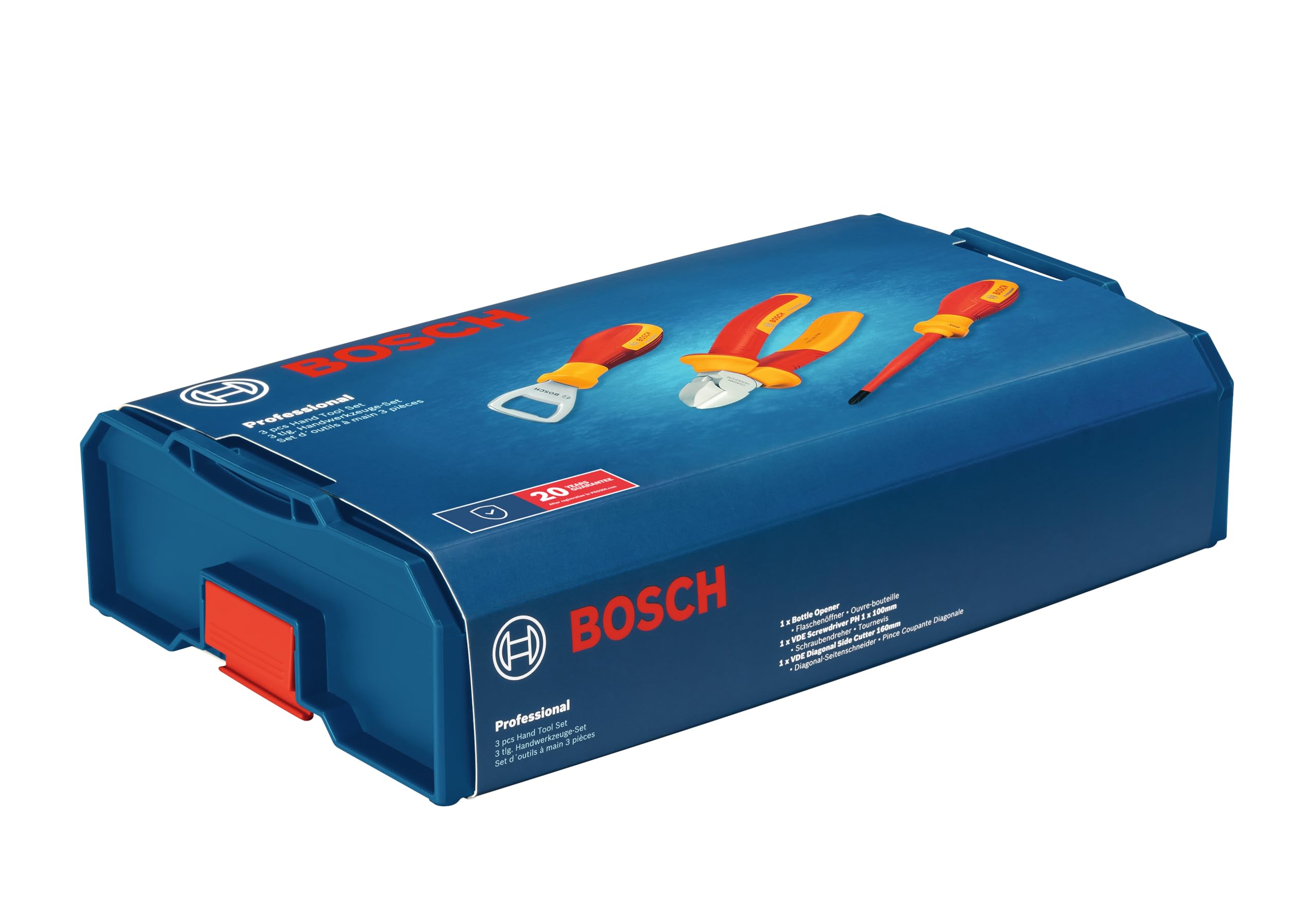 Bosch Professional Juego de herramientas manuales de 3 piezas (incl. 1 destornillador VDE (PH1), 1 cúter lateral diagonal VDE (160 mm) y 1 abridor de botellas, en L-Boxx Mini)