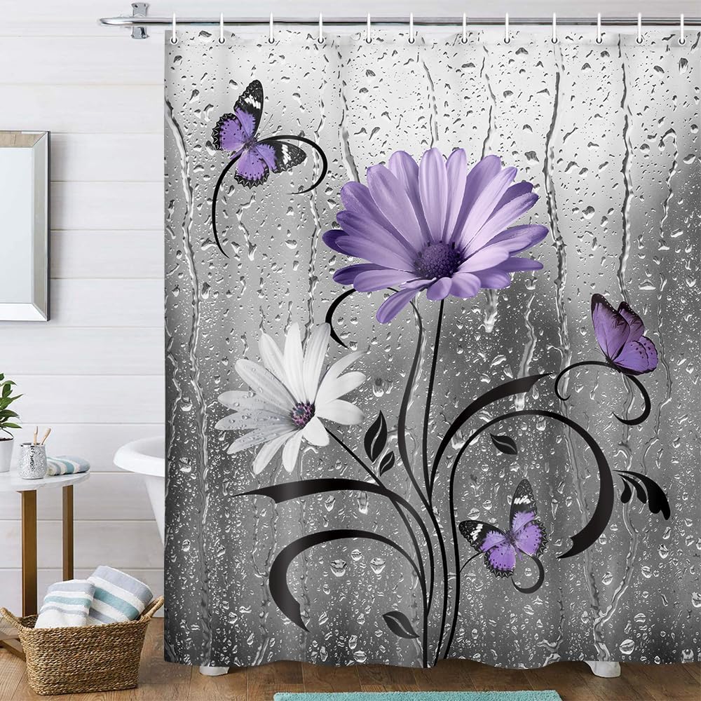 Rustic Purple Floral Boho Shower Curtain, Country Farmhouse Daisy Flowers and Butterfly Shower Curtain for Bathroom, Grey Gray Violet Surreal Floral Bathroom Curtain with 12PCS Hooks, 70X84IN