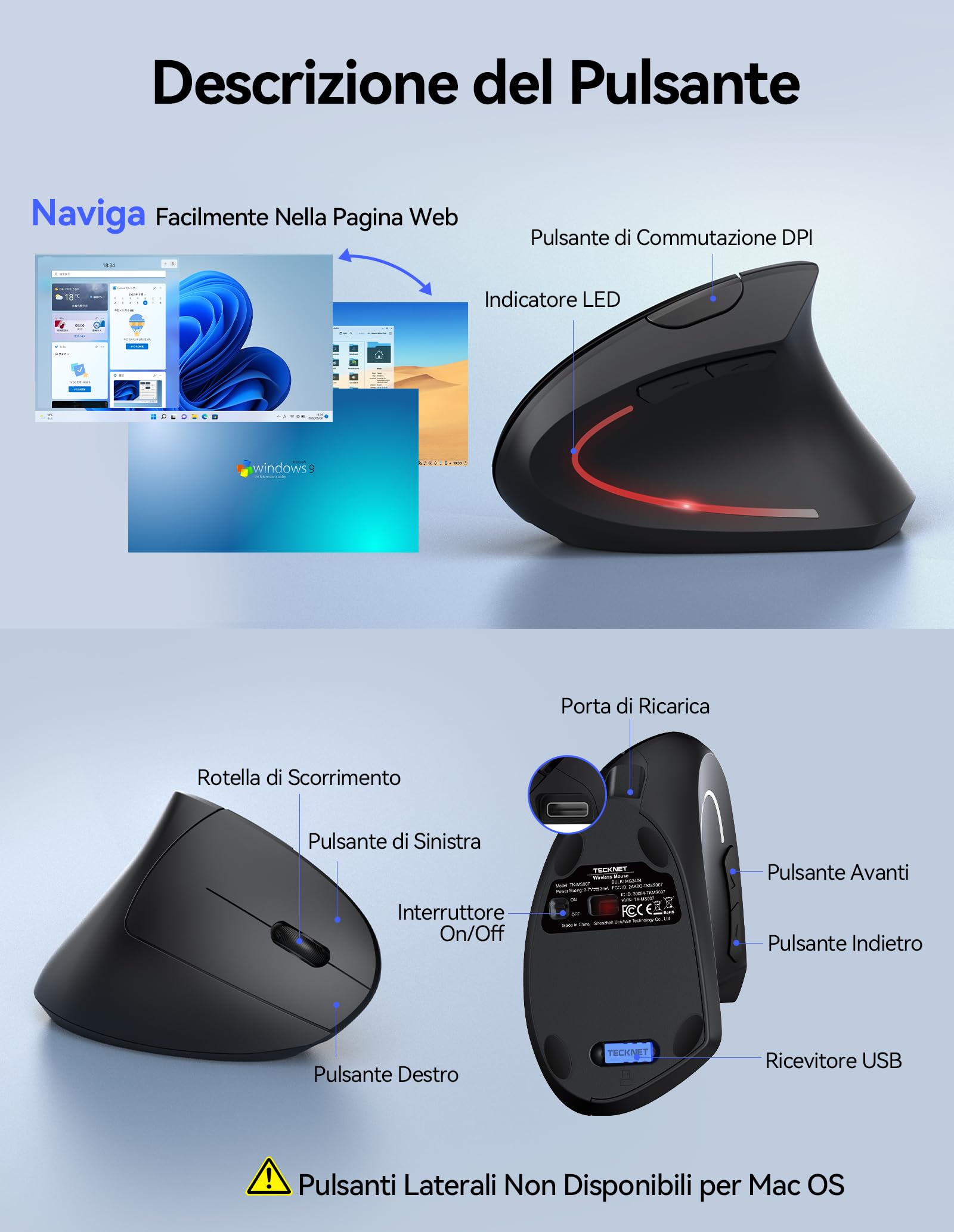 TECKNET Mouse Verticale Wireless Ricaricabile, 4800 DPI Mouse Ergonomico Silenzioso Senza Fili, 6 Pulsanti, 2.4GHz con Ricevitore USB per PC, Computer, Laptop, Mac, Nero