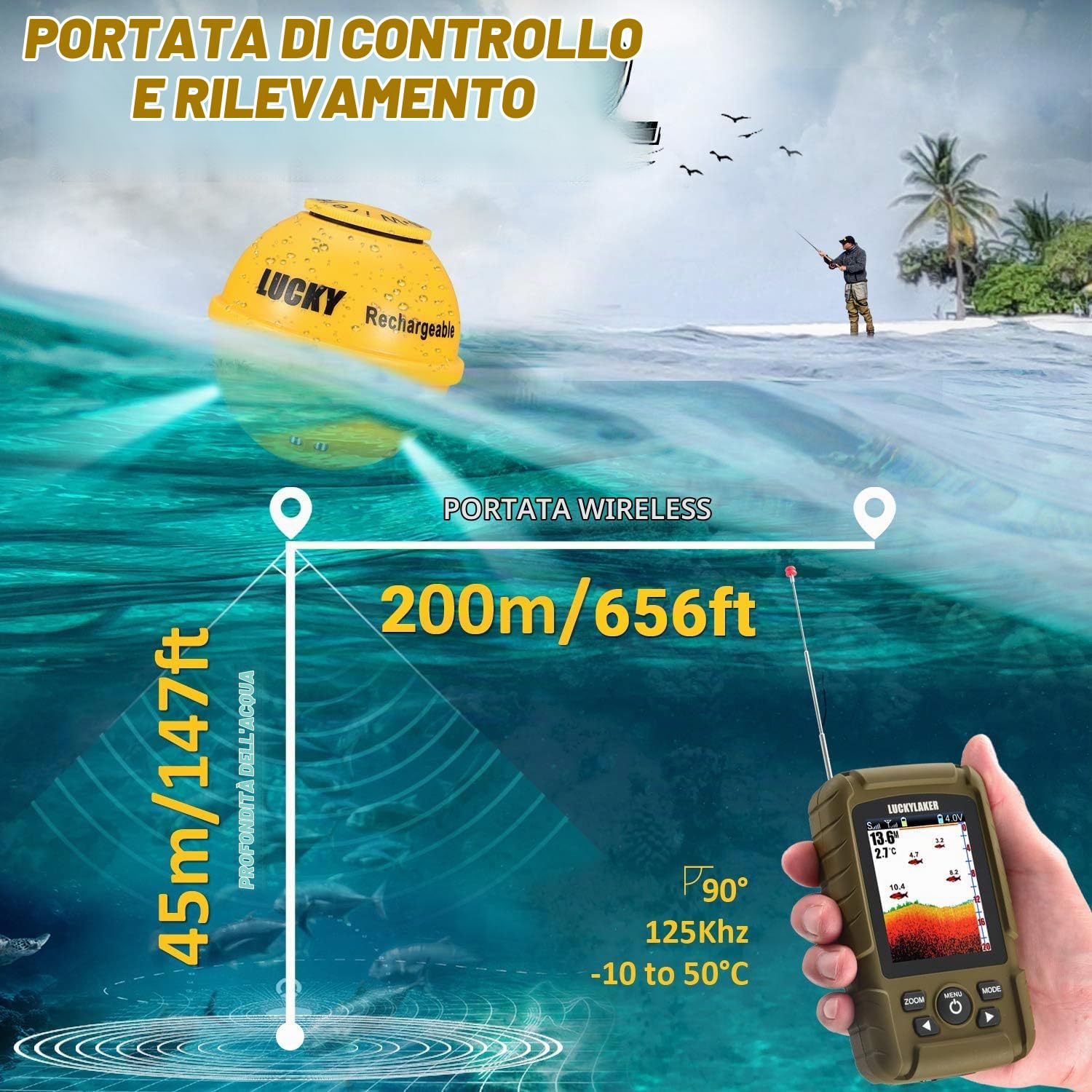 LUCKY Fishfinder Ecoscandaglio Portatile Ecoscandagli per la Pesca in profondità della Barca Palmare Impermeabile Senza Fili Trasduttore per Kayak da Pesca Rilevatori di profondità per Pesca