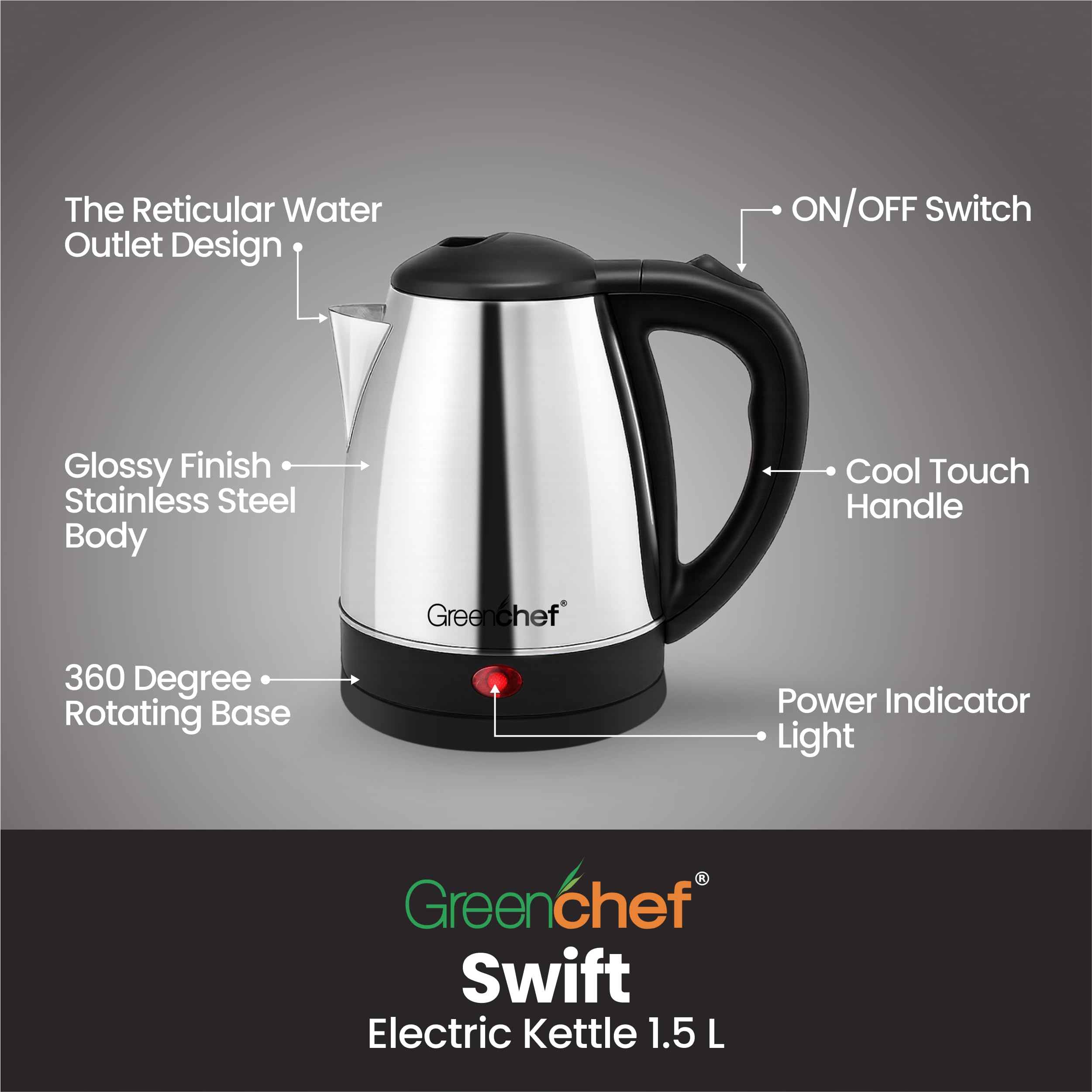 GREENCHEF Swift Electric Kettle 1.5 Litre 1500 watts with Stainless Steel Body 1