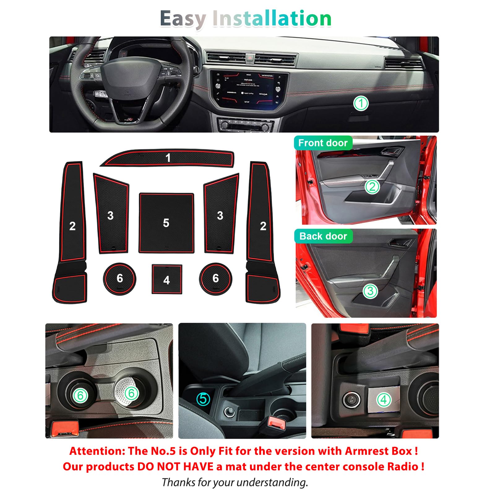 GAFAT Seat Arona/Seat Ibiza 6F KJ1 Facelift 2017-2024 2025 Tappetini Antiscivolo, Seat Ibiza 6F Tappetino in Gomma, Non Scivolano, Console Centrale, Cuciture Porte, Accessori Seat Arona (Rosso)