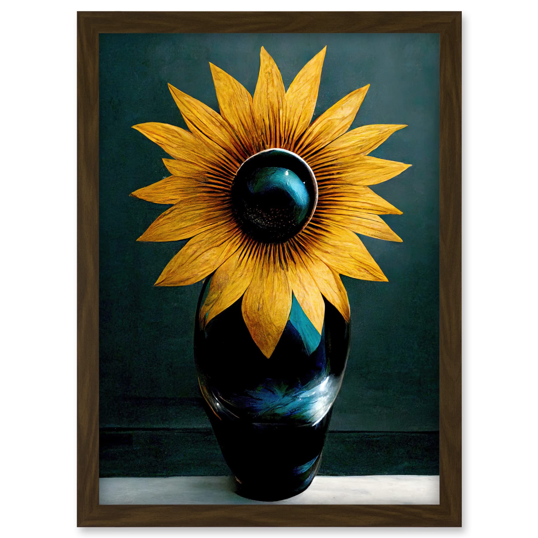 Doppelganger33 LTD Modern Bright Single Yellow Black Sunflower In Vase Artwork Framed A3 Wall Art Print