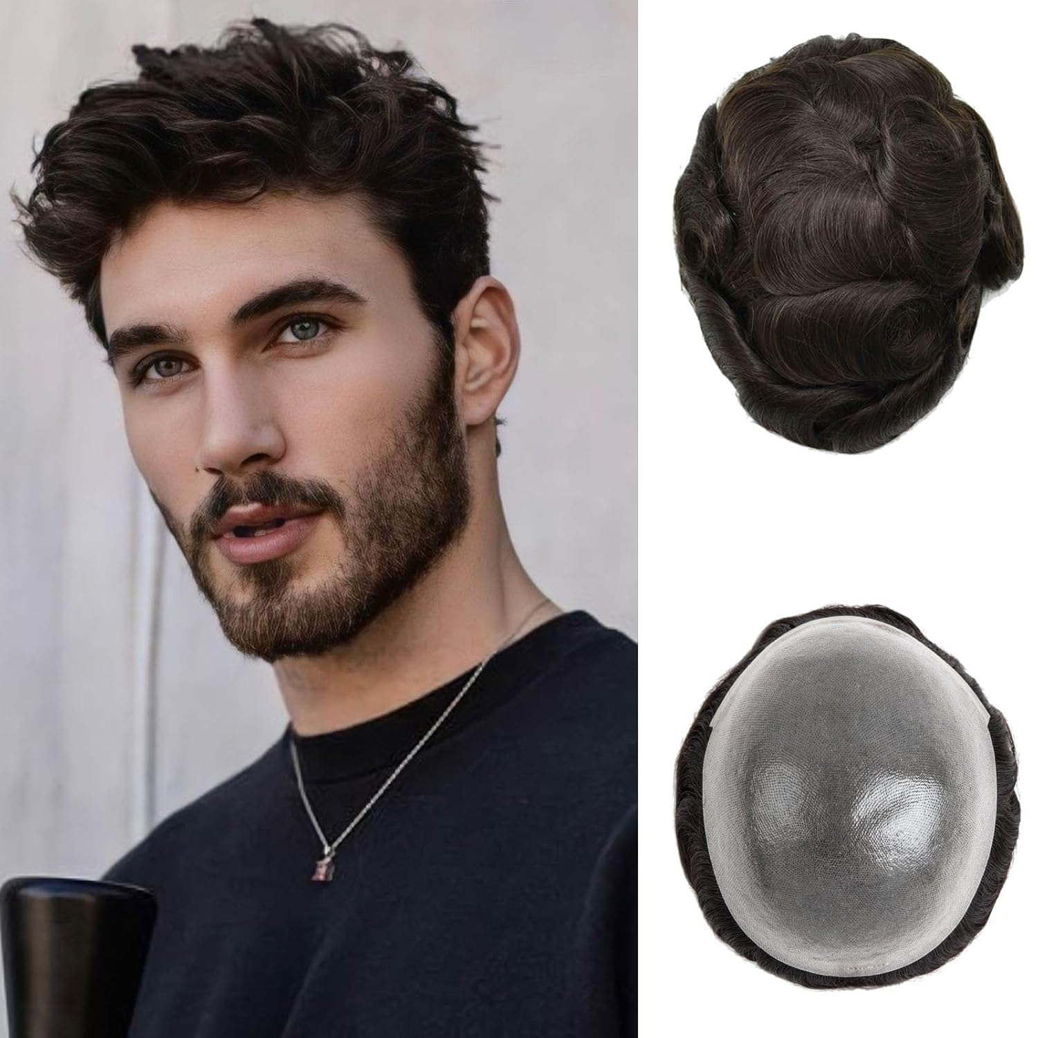 Toupee For Men 0.1mm Poly Skin Human Hair System For Men Men'S Toupee V-Loop Knots Durable Pu Toupee Human Hair Mens Wig Base Size 8X10 Inch 120% Density (#2)