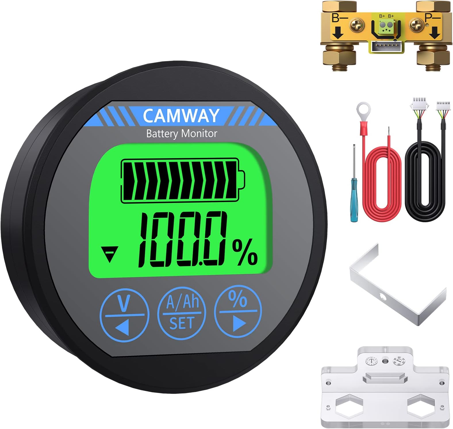 CAMWAY Battery Monitor with Shunt and Shielded Wire 10ft/3m, 8-120V 0-500A Voltmeter Ammeter, Backlight Waterproof Battery Voltage Current Meter for Caravan RV Motorhome Golf Cart Boat,etc