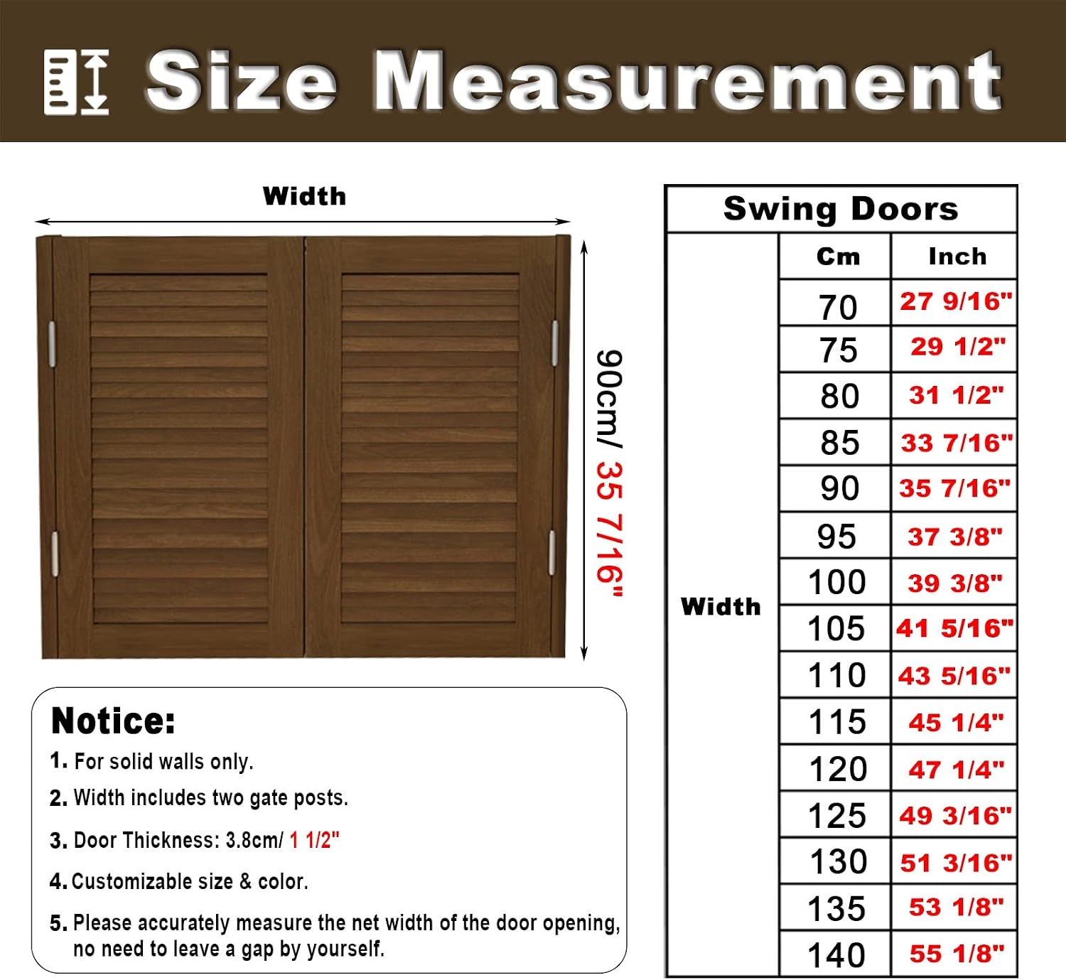 Brown Saloon Swing Door for Balcony Farmhouse, Heavy Duty Cowboy Pub Partition Counter Cafe Door for Doorway, Custom Color Size (Size : W135xH90cm(53 1/8"x35 7/16")) (Brown W85xH90cm(33 7/16"x35 7/16