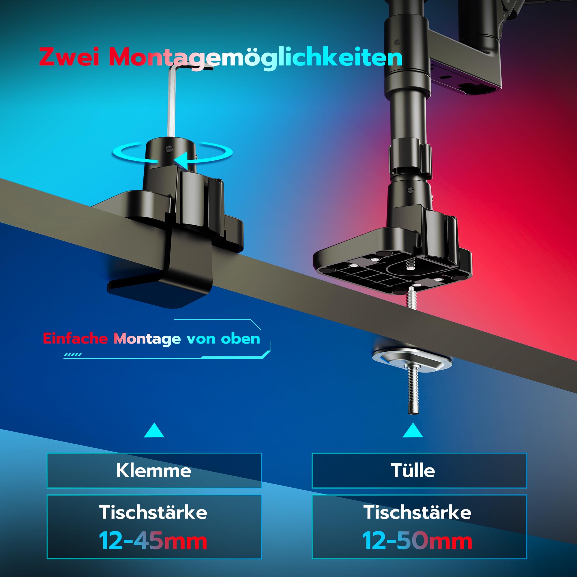 ARES WING Monitor Halterung 2 Monitore für 17-49 Zoll Bildschirme, Bildschirmhalterung Gasfeder，Monitor Arm Tragfähigkeit Max 20 kg/arm, VESA 75/100，Schwarz