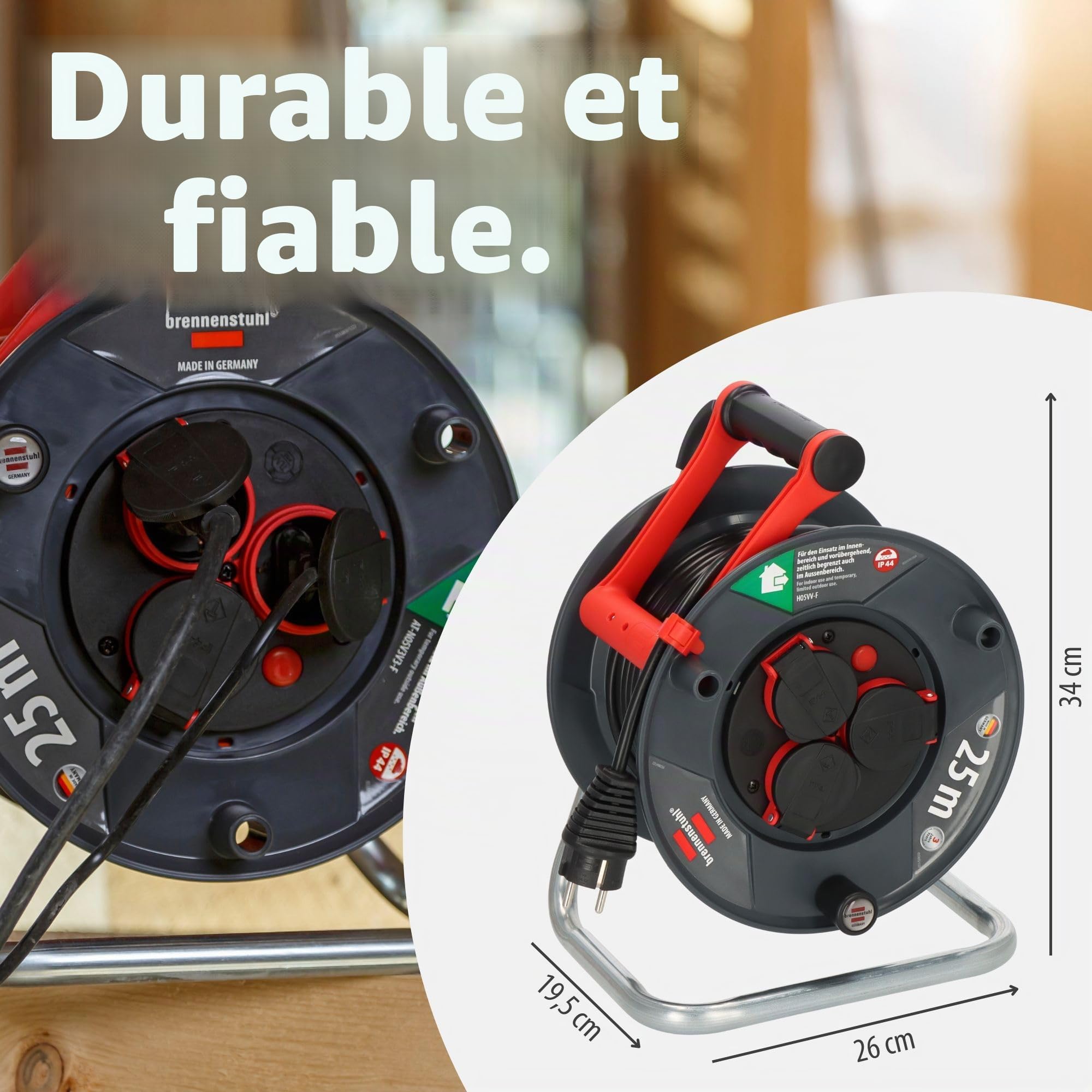 Brennenstuhl Garant V2 IP44 Enrouleur de câble extérieur 25 m (fabriqué en Allemagne, 3 prises de courant de sécurité avec protection de contact améliorée, plastique spécial)