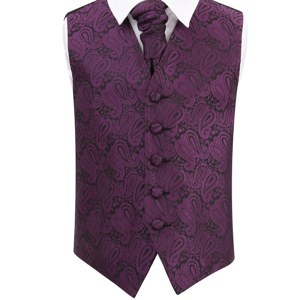 Dqt Boys Purple Paisley Floral Waistcoat & Cravat Set (2Pc) - Wedding Party & Formal - 34" (13–14 Years)