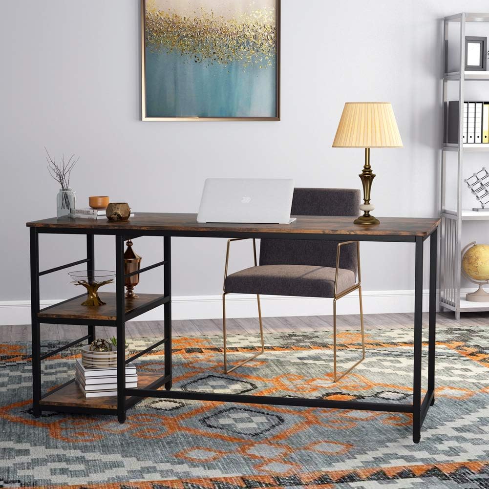 Tribesigns 55 Inch Computer Desk with 2-Tier Storage Shelves, Rustic Modern Home Office Desk Study Table Studying Writing Desk Workstation for Home Office (55 Inch, Retro Brown)