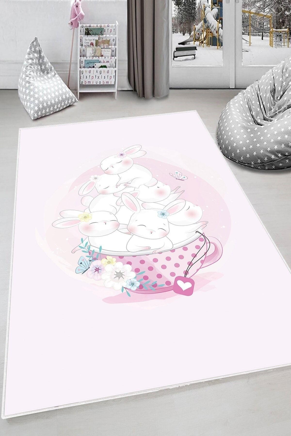 Pelangi Pudra Tavşan Desenli Yıkanabilir Kaymaz Taban Leke Tutmaz Bebek Ve Çocuk Odası Halısı, Pudra 80 x 500, 90135707780500