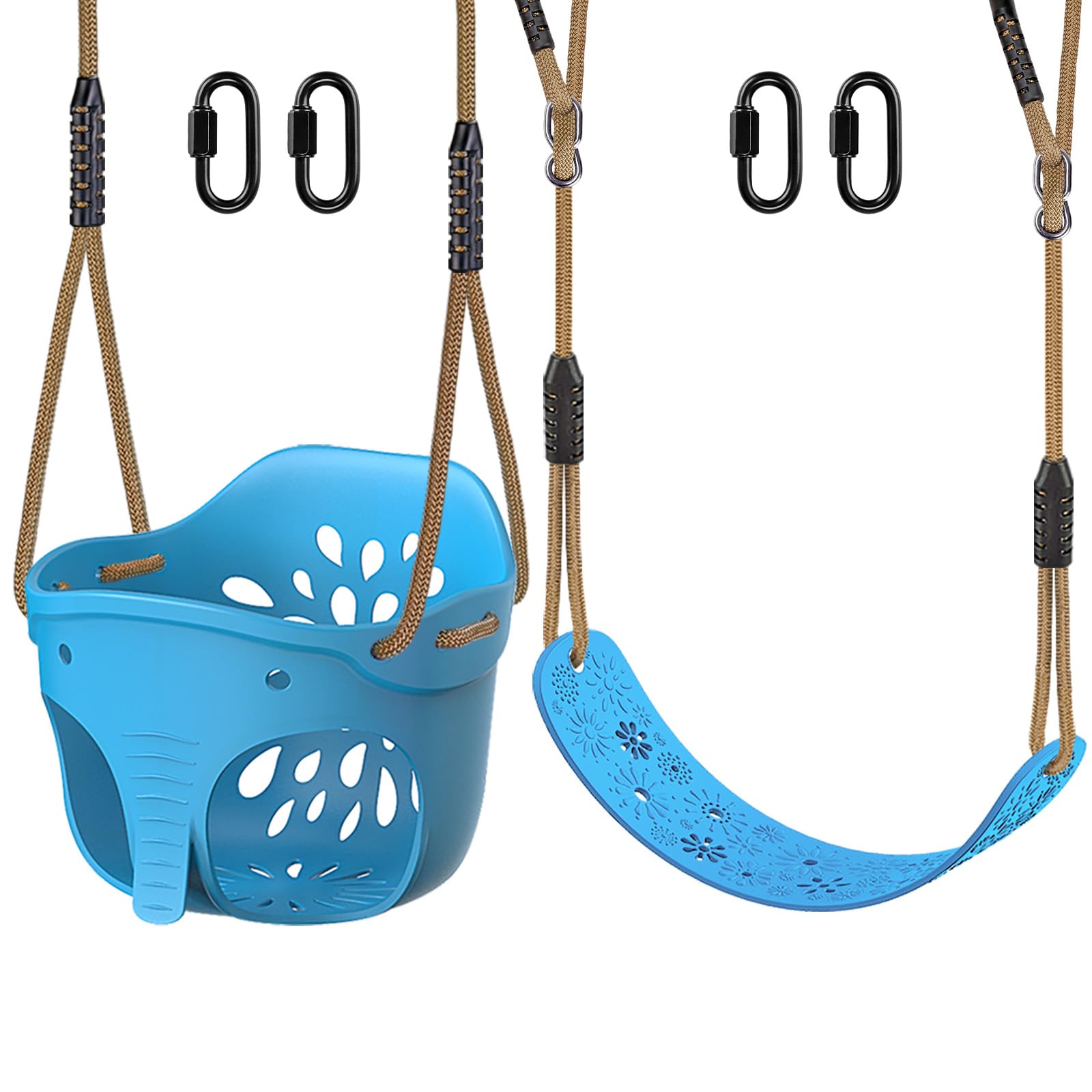 BeneLabel 2pcs Swing Seat, Kids Soft Plastic Bucket Swings Indoor/Outdoor Child Tree Swinging Board with High Back&Adjustable 130-200cm for 1-3 Years Toddler/Baby/Adult, Blue Elephant&Flower/600lbs — image 1
