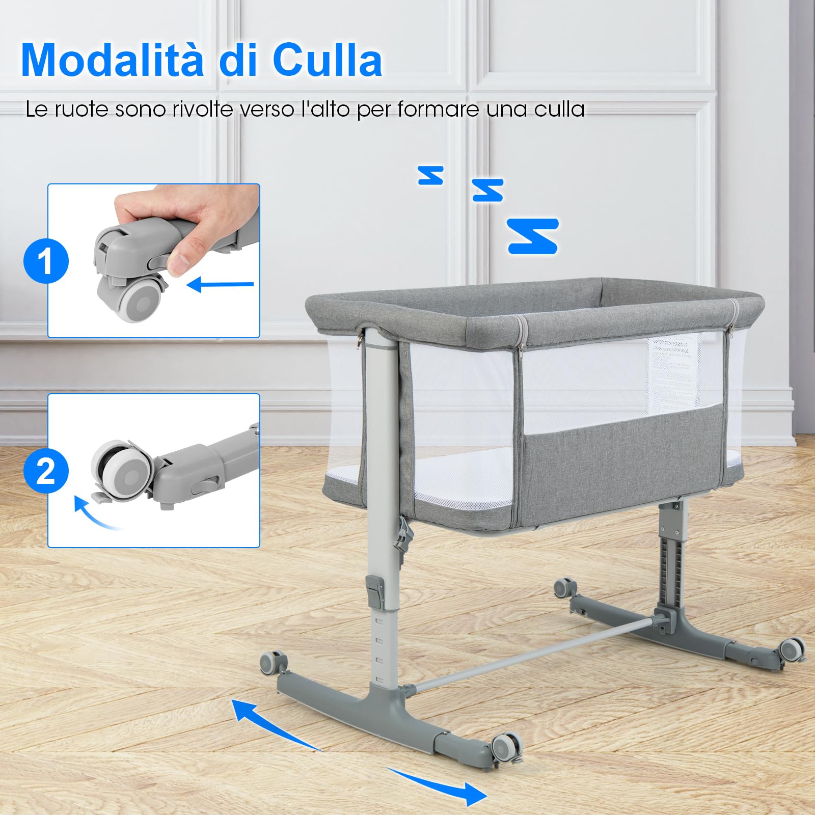 COSTWAY 3 in 1 Culla Neonato Fianco Letto, Lettino Neonato Dondolo con Materasso, Culla Co-Sleeping Fino a 9 kg, Altezza Regolabili, 84 x 59,5 x 80,5cm (Grigio)