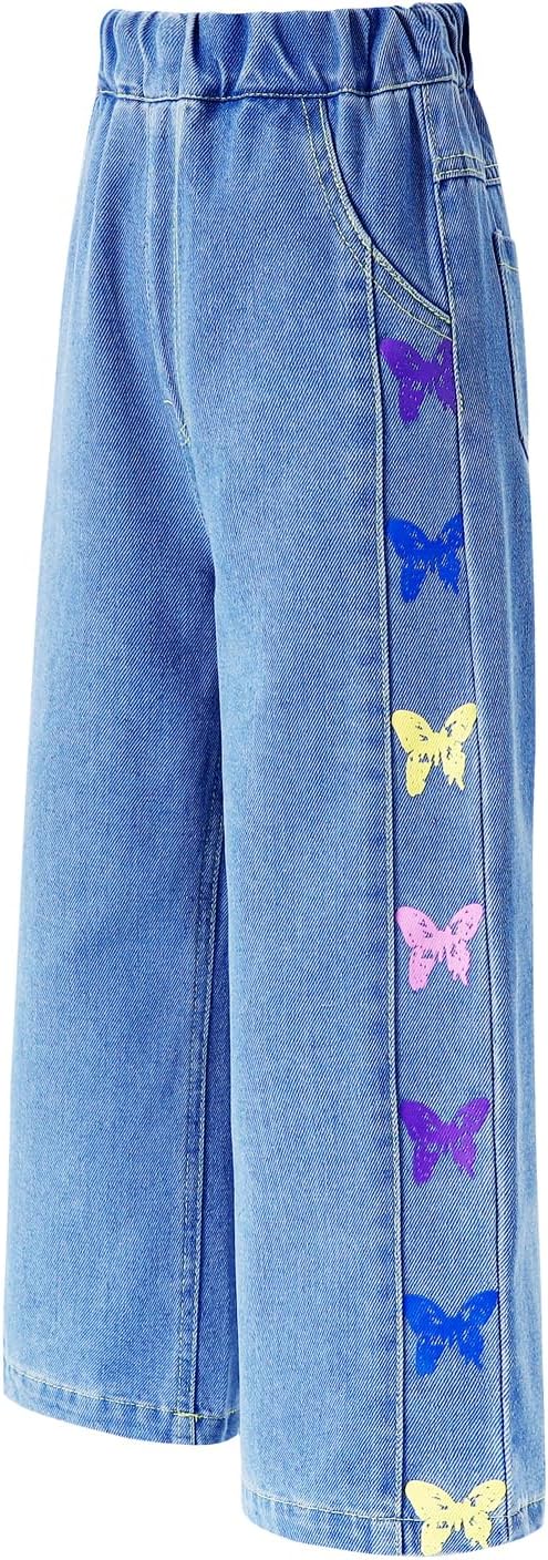 Girls Wide Leg Jeans | Colorful Butterfly Print Denim Pants | Elastic Wasit Baggy Straight Kids Clothes 4-14 Years - Image 4