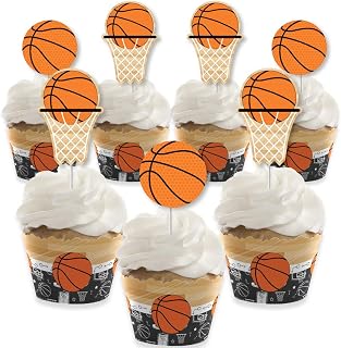 Big Dot of Happiness Nothin' but Net - Basketball - Cupcake Decoration - Baby Shower or Birthday Party Cupcake Wrappers and Treat Picks Kit - Set of 24