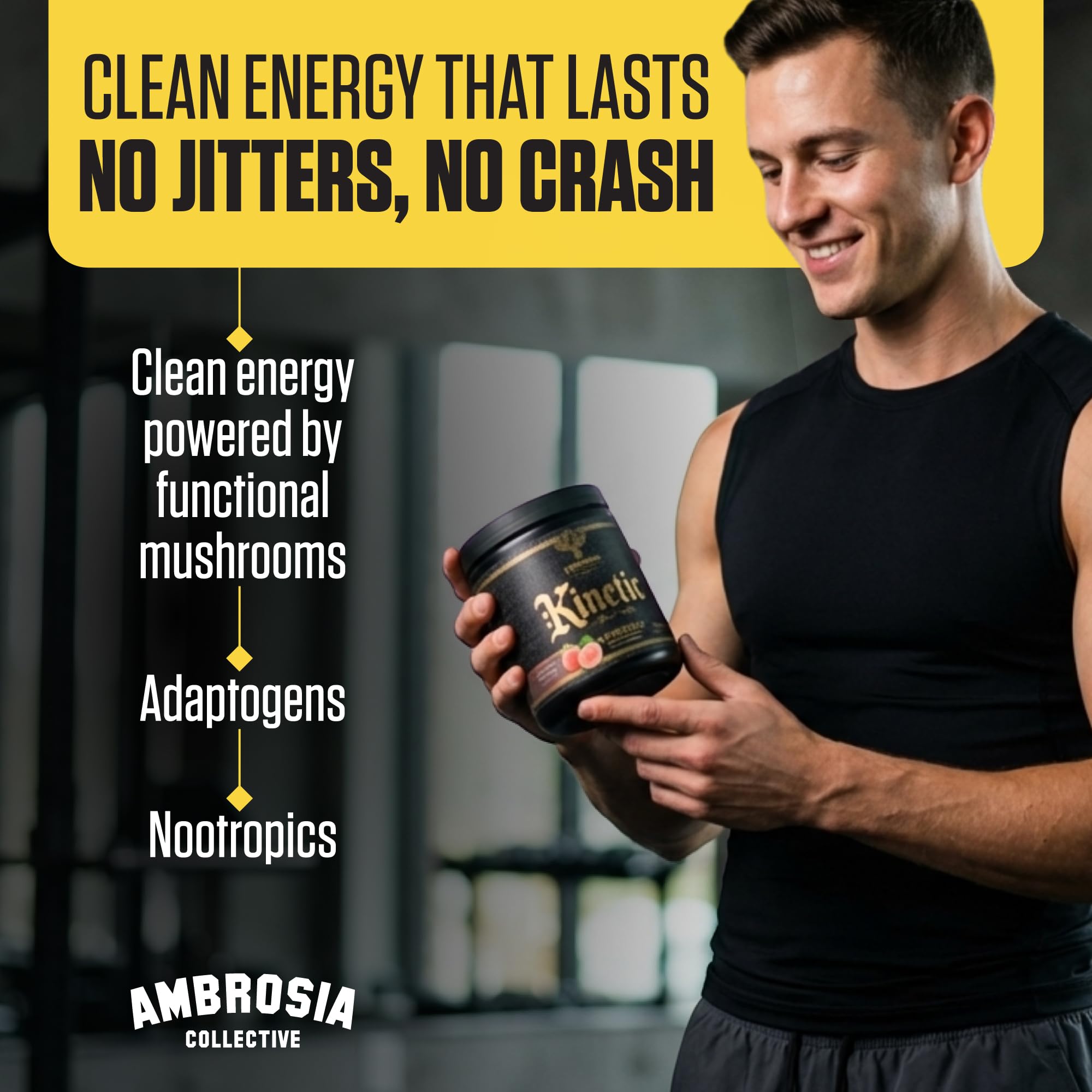 Ambrosia Kinetic - Organic Pre Workout Powder | Mushroom-Enhanced Natural Pre Workout | Nootropic Superfood Powder for Clean Energy, Focus, Recovery | 24 Servings | Strawberry Guava