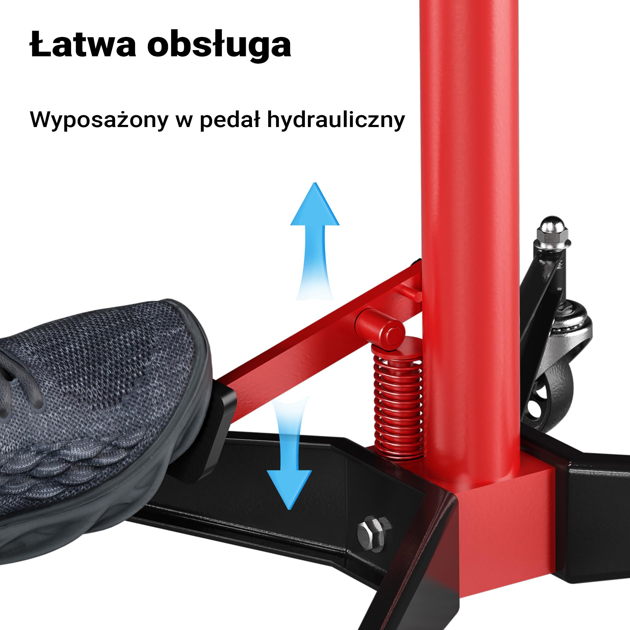 Wiltec Podnośnik do skrzyni biegów do 500 kg nośności i wysokości 110-195 cm, lewarek hydrauliczny z dociskaczem nożnym, 4 koła stalowe
