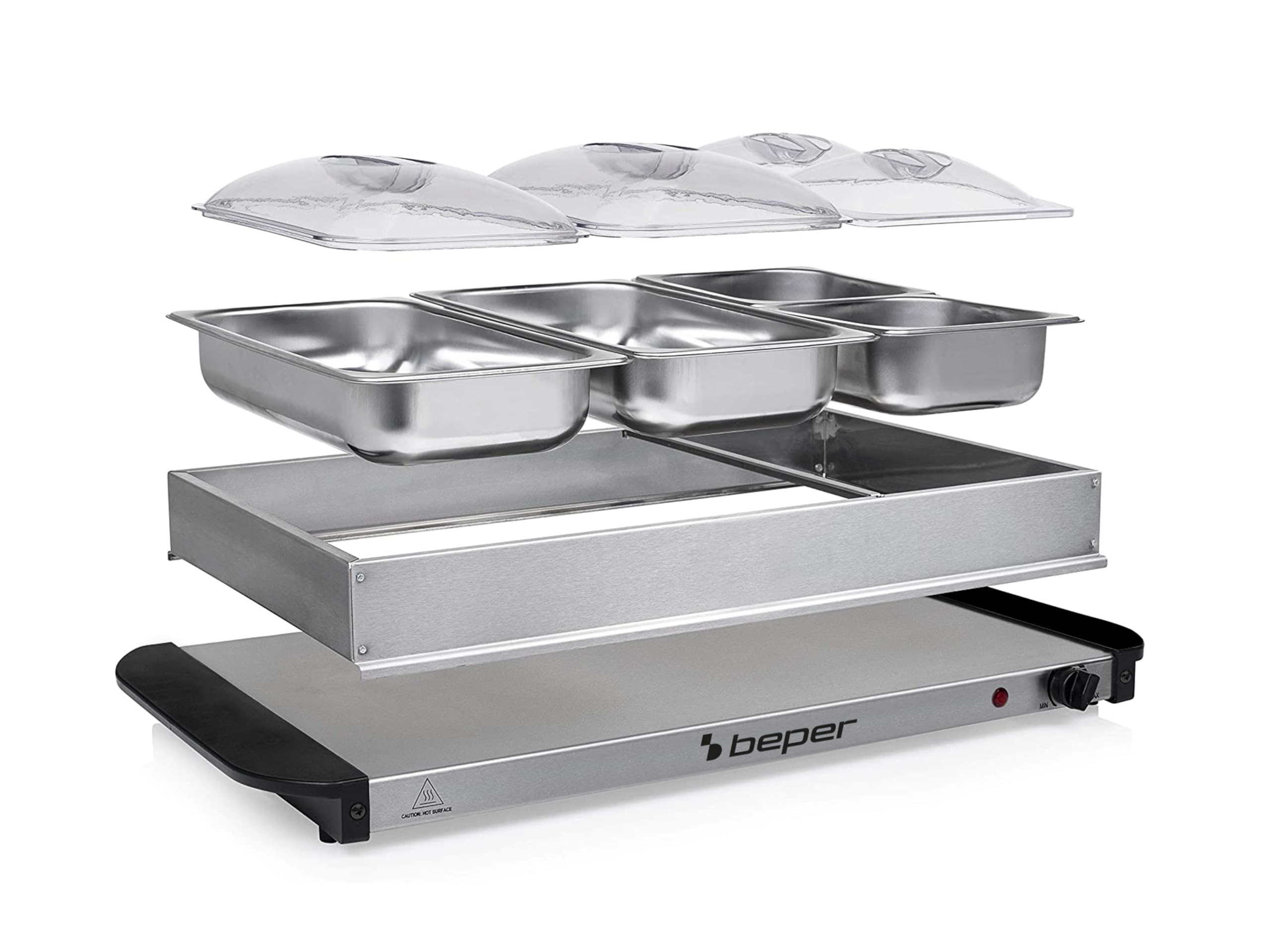BEPER P101TEM002 Calentador de Buffet, Calentador de Comida, 4 Bandejas Extraíbles + Base de Placa Caliente, Termostato Ajustable y Asas Aislantes del Calor, Apto para Lavavajillas, Ideal para Fiestas