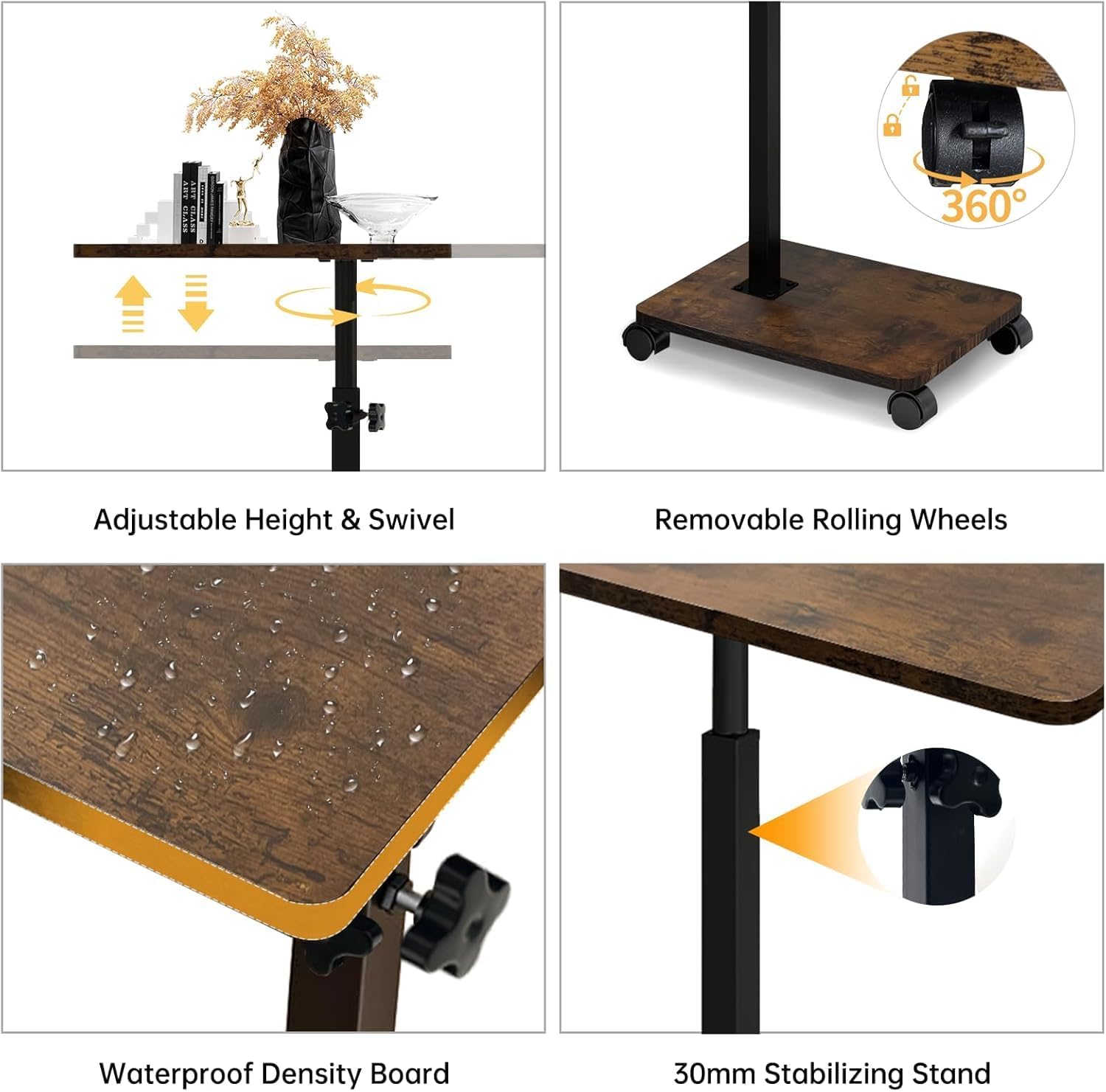 Mesa Auxiliar en Forma de C, Altura Ajustable, Mesa de Sofá con Ruedas, Mesa Pequeña, Side Table, Mesa de Café, Mesa de Cama, Mesa de Noche, Mesa de Cuidados para Salón, Dormitorio, Baño