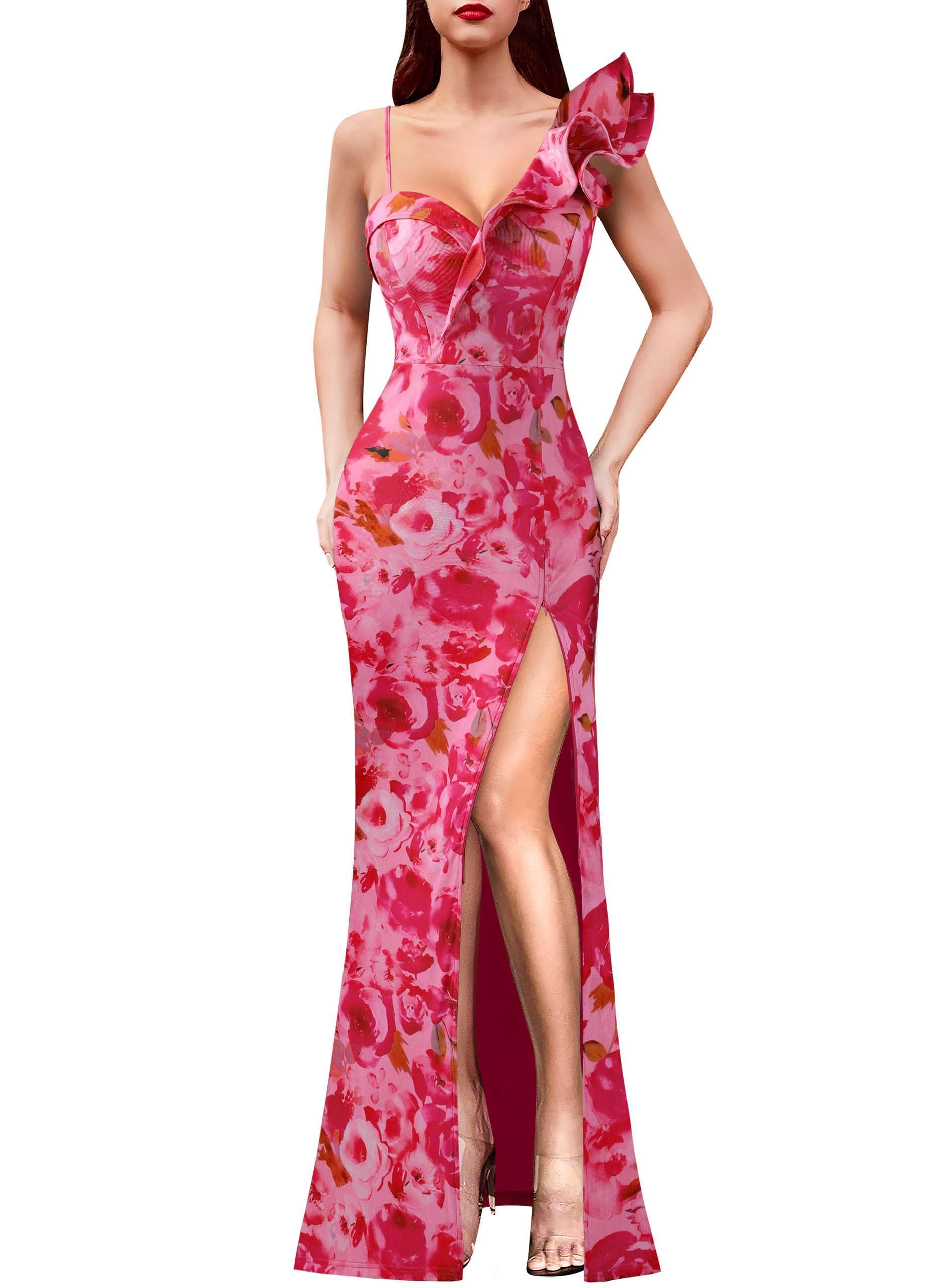 VFSHOW Womens Ruffle One Shoulder Formal Prom Gala Maxi Dress Evening Gown
