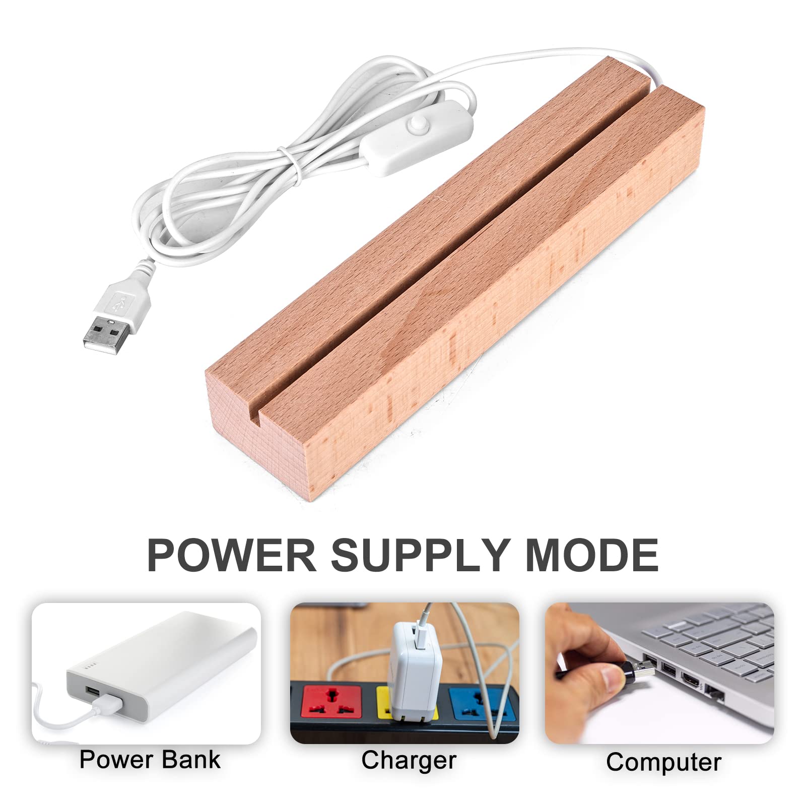 Vegena 2 Pezzi LED Luci Display Base, Base Luce Led Legno con USB, Base Rettangolare con Led per Lastra in Acrilico, Lastra in Cristallo (Lunghezza 20 cm, Bianco Caldo)