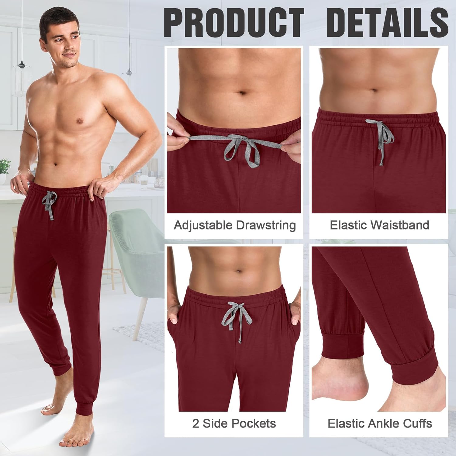 3 Pack Mens Cotton Sleepwear Pajamas Pants with Pockets, Soft Drawstring Lounge Bottoms Pjs for Men - Image 3