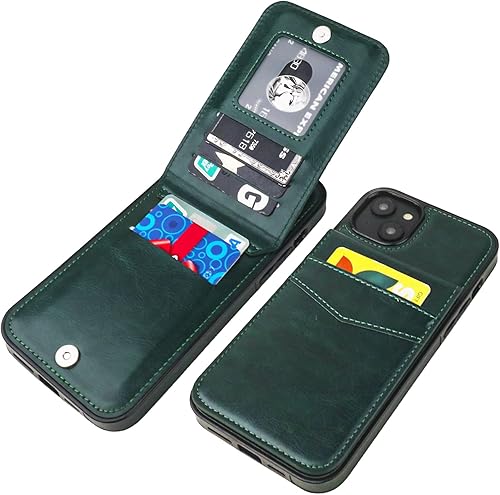 KIHUWEY Funda compatible con iPhone 14 Plus con soporte para tarjeta de crédito, cierre magnético de cuero de alta calidad, función atril, funda