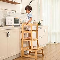 Vista 10 de Taburete de cocina para niños con riel de seguridad, construcción de madera maciza taburete de aprendizaje para niños pequeños, taburete Montessori