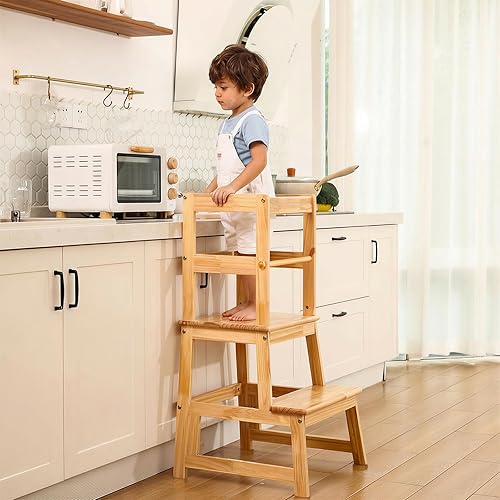 Miniatura 10 de Taburete de cocina para niños con riel de seguridad, construcción de madera maciza taburete de aprendizaje para niños pequeños, taburete Montessori