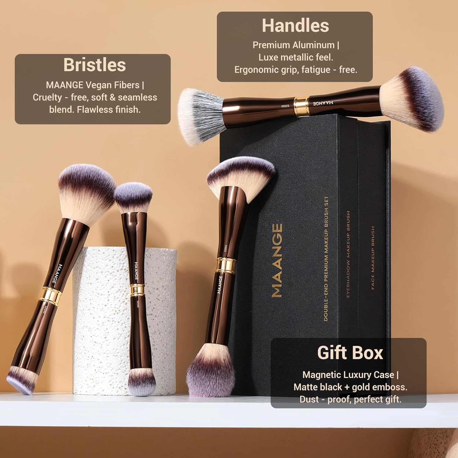 MAANGE Makeup Brush Set with Mirror Double-ended Kabuki Makeup Brushes For Foundation Contour Liquid Powder Concealer Eye Shadows Cream Cosmetics Blending Blush Makeup Tools (Coffee Brown, 8 PCS)