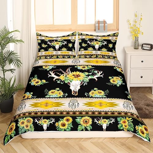 Miniatura 3 de Erosebridal Juego de ropa de cama occidental tamaño Queen, funda de edredón de calavera de toro de girasol, funda de edredón de flores bohemias,