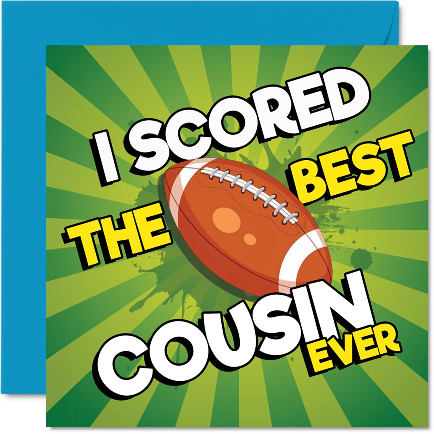 Playful Birthday Card for Cousin - Scored the Best Cousin Ever - Bold Football Design in Vibrant Green and Orange - 145mm Square, Envelope Included