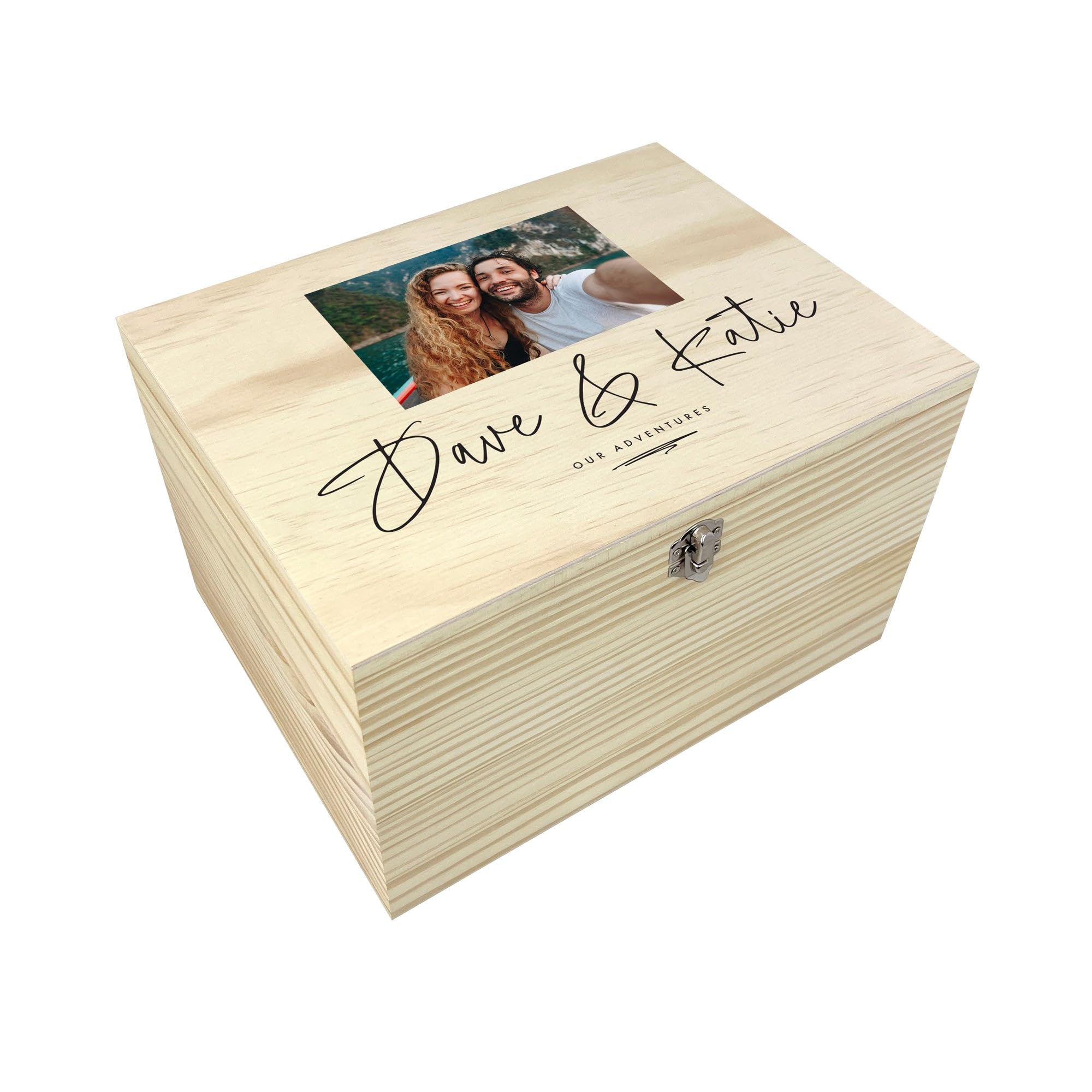 Personalised Couples Names Pine Photo Keepsake Memory Box | Custom Image & Text Anniversary, Wedding, Valentine's Gift | W20cm x D15cm x H11cm