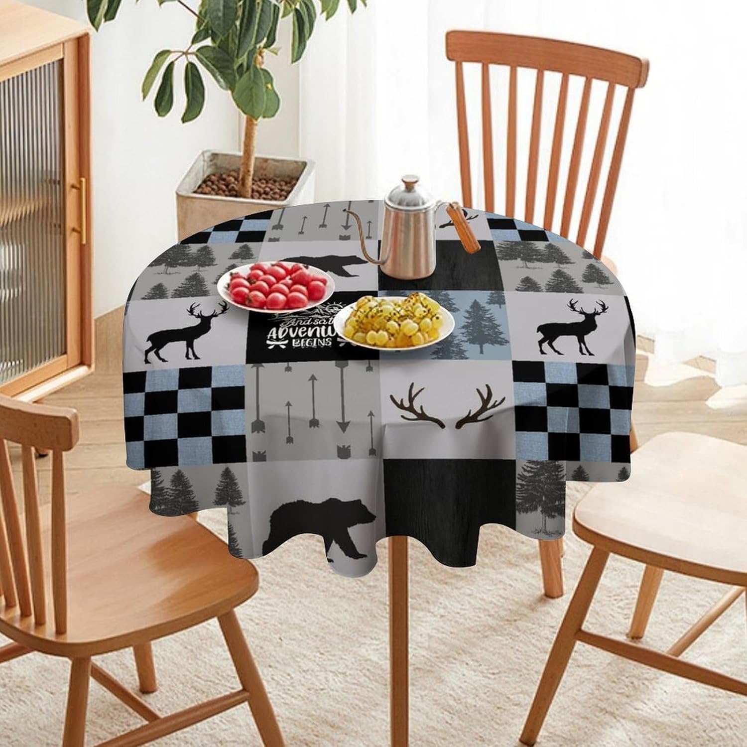 Rustic Bear Tablecloth, Retro Bear Deer Lodge Patchwork Plaid Gray Blue Farmhouse Table Cover for Kitchen Dining Table, 60x60in