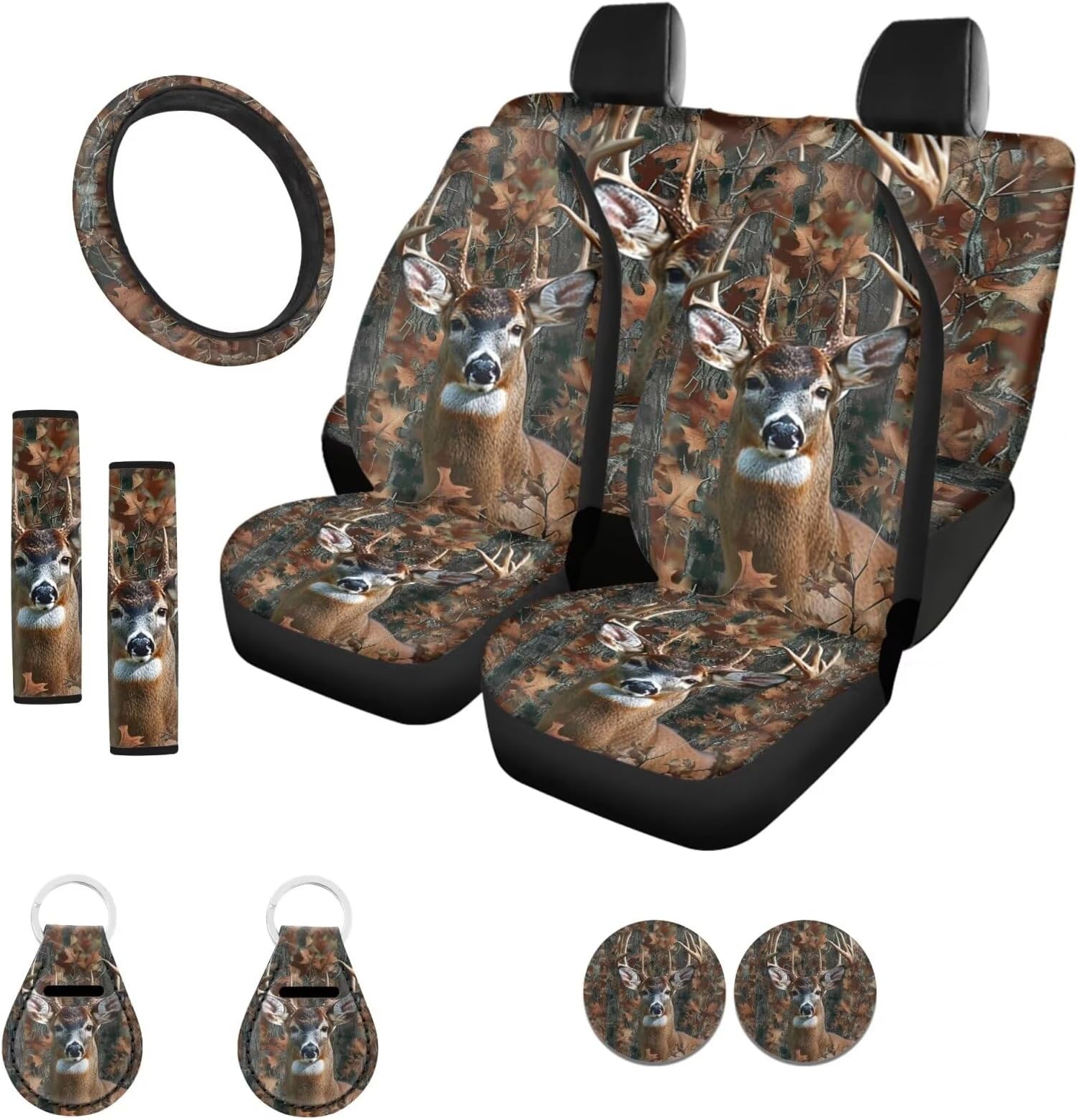 Camo Deer Car Seat Covers Full Set Front Back Split Bench Protector Car Steering Wheel Cover Seatbelts Pads Coaster Keychains Universal Fit Truck, SUV, or Van Forest Hunting Camouflage Brown