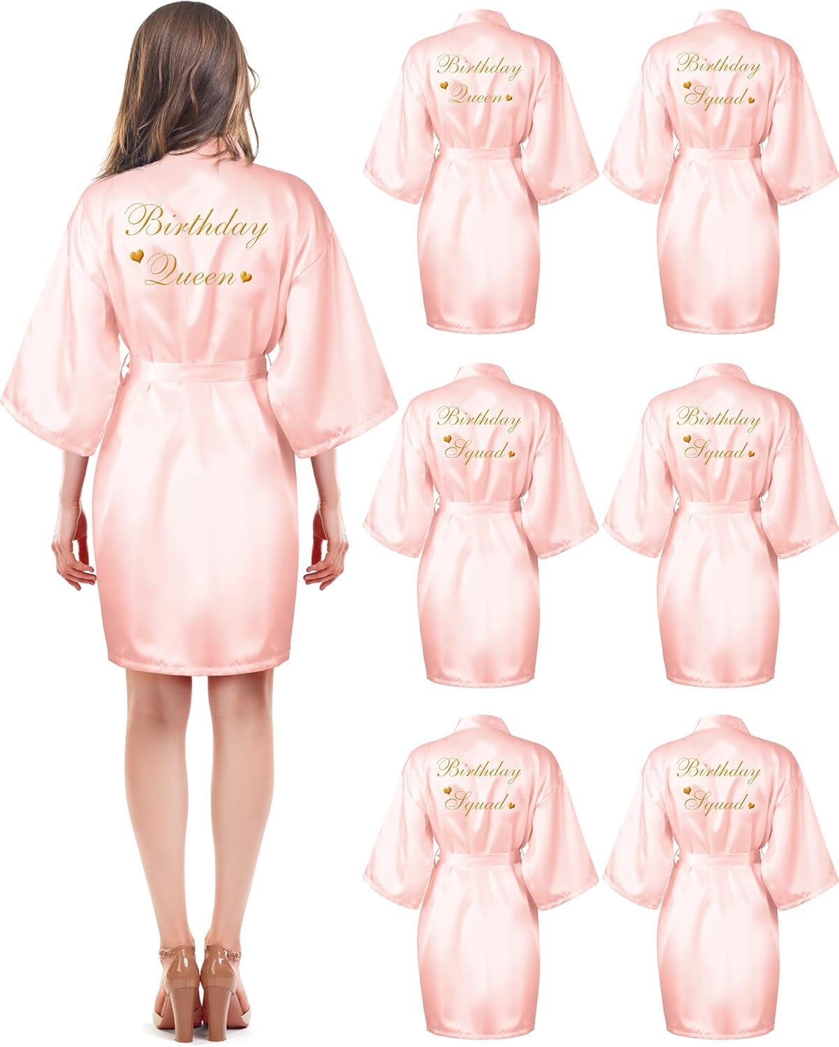 Xuhal 6 Pcs Women's Birthday Squad Robes Birthday Party Queen Spa Bathrobe Kimono Spa Robe Sleepover Party Robes Silky Gown