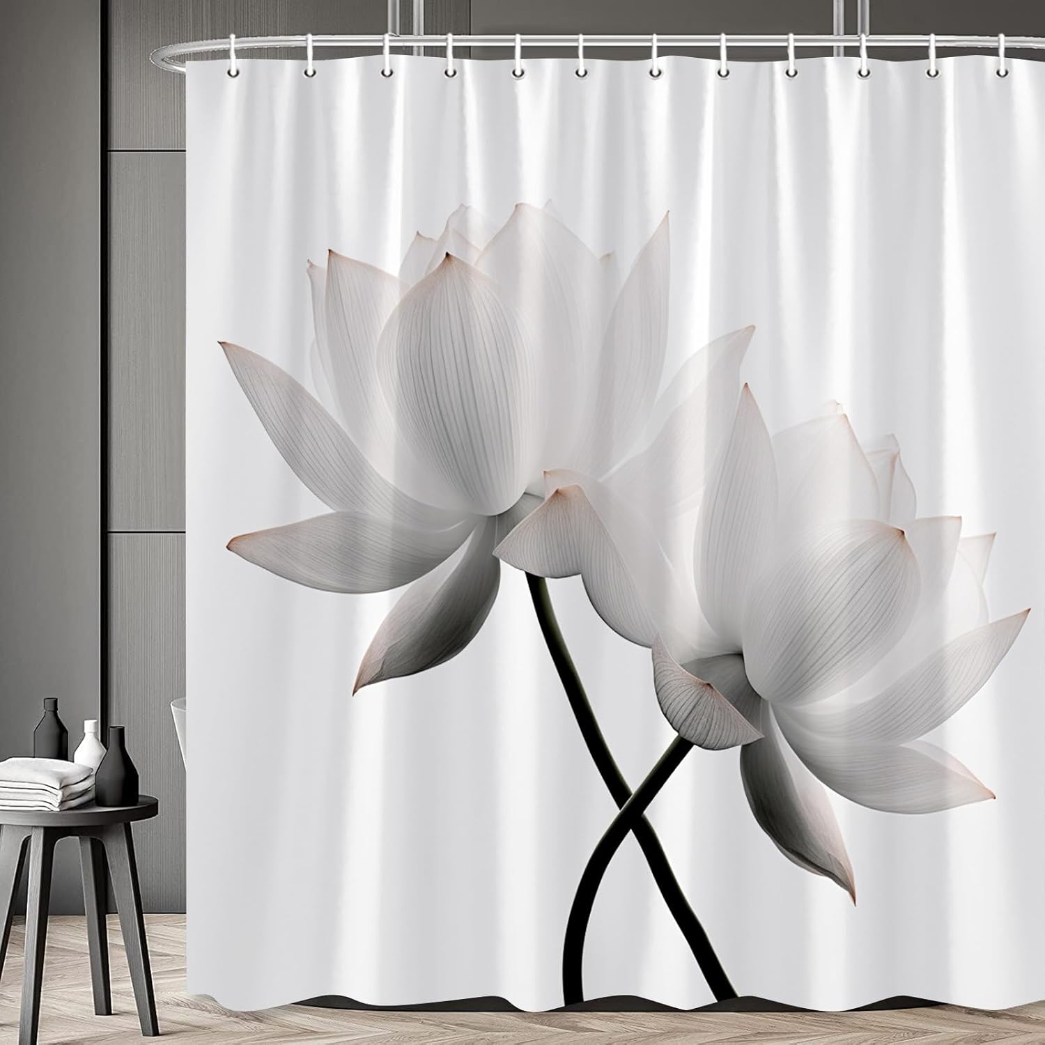 Lotus Shower Curtain Black White Elegant Flower Black Lotus Unique Simple Woman Bathroom Decor with Hooks 108 x 70 in