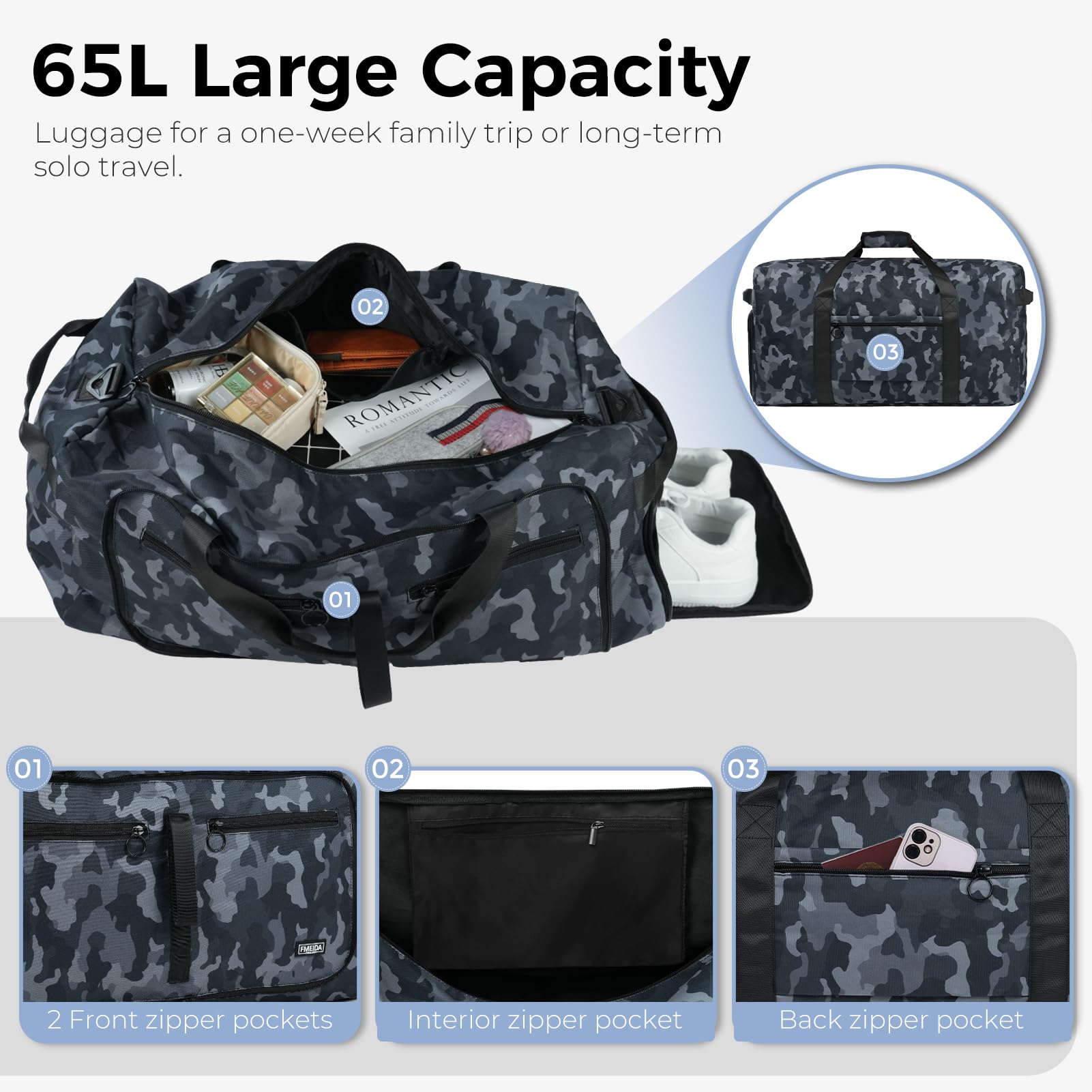 Fmeida Borsone da Viaggio Unisex Adulto, Grande Borsone Palestra con Scomparto per Scarpe e Tracolla, Impermeabile Duffel Bag Borsa Sportivo, Nero Camouflage