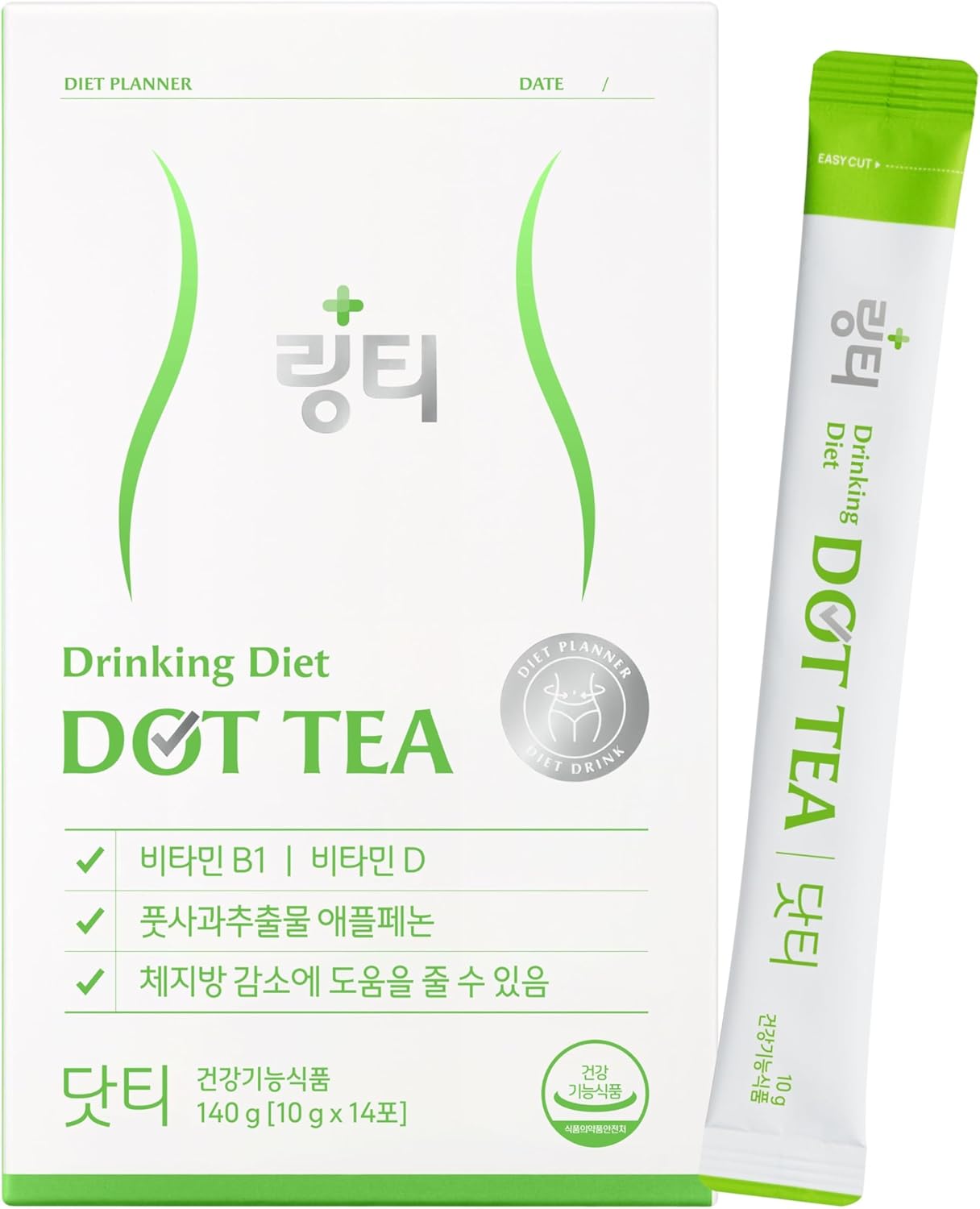 Dot Tea – Green Apple Single-Serve Packets, 1 Boxes (14 Servings) – Apple-Derived Polyphenols + Vitamins B1 & D – Korean Inner Beauty Drink
