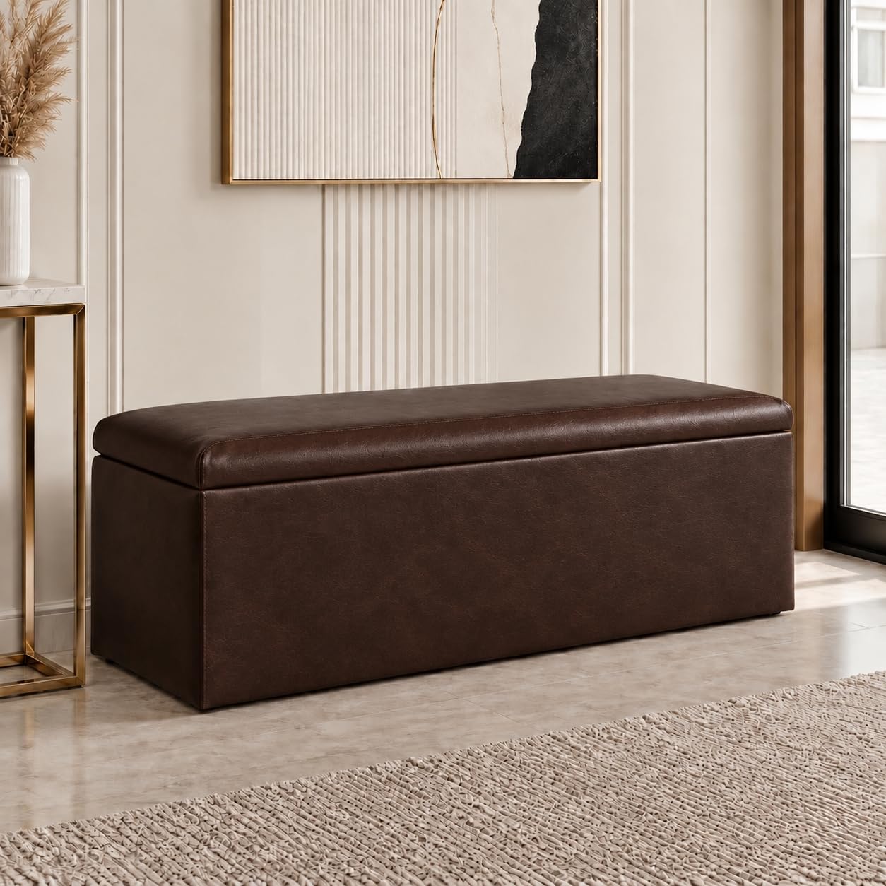 Plain Luxurious Faux Leather Ottoman Storage Bench, No Legs, Brown