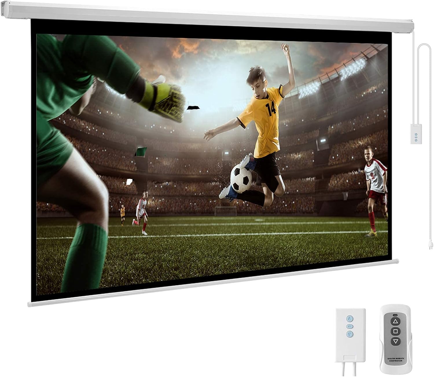 YODOLLA 100inch Motorized Projection Screen, 16:9 4K 3D HD Electric Projector Screen, Wall/Ceiling Mounted White Projection Screen with Two Remote Controls for Indoor & Outdoor Use (Renewed)